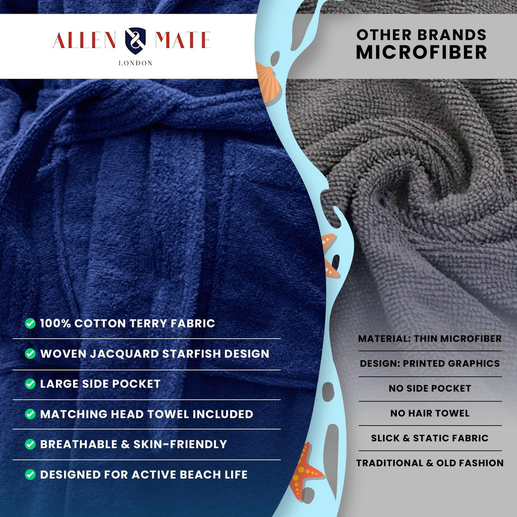ALLEN & MATE 100% COTTON Hooded Kids Bathrobe – Soft, Medium Weight Absorbent Bath Towel Robe for Boys & Girls, 6-15 Years