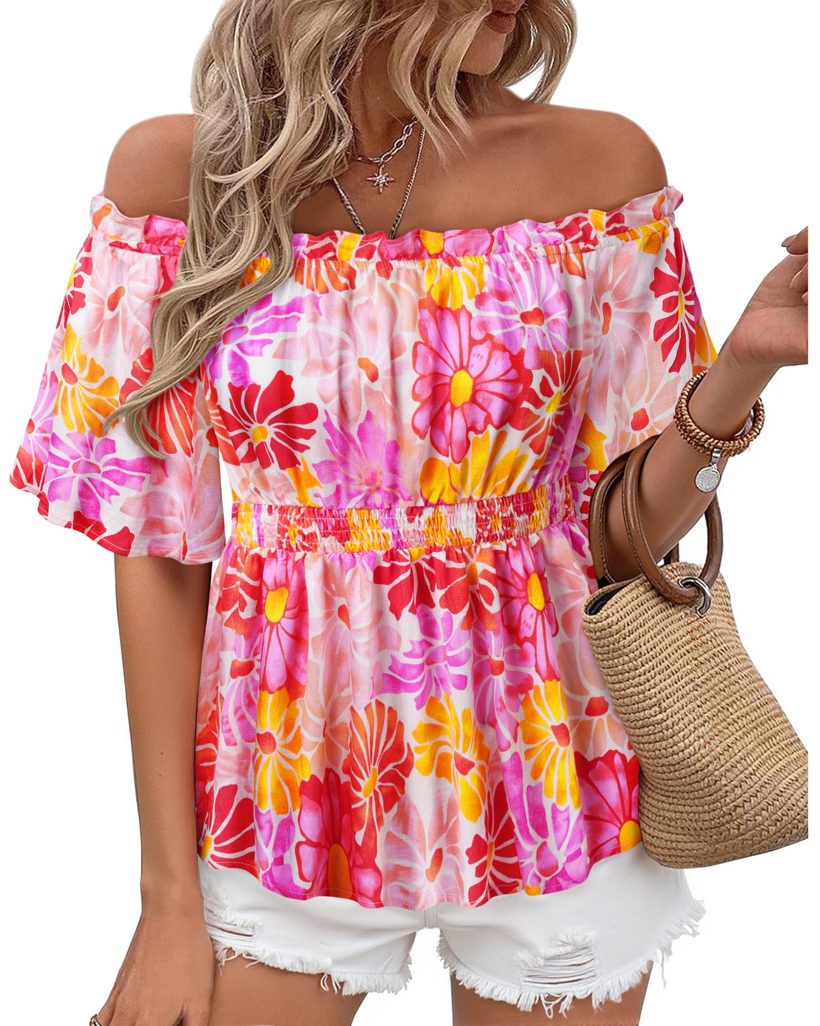Bebonnie Women's Summer Sexy Off The Shoulder Peplum Tops Ruffle Sleeve Dressy Blouses