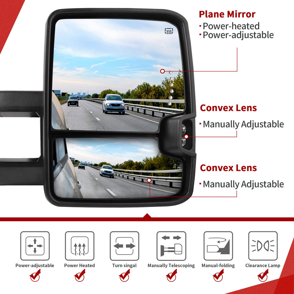 YITAMOTOR Towing Mirrors Compatible with 07-13 Silverado 1500 2500 3500 Tahoe Suburban Avalanche GMC Sierra Yukon Cadillac LED Turn Signal Light Power Heated Manual Telescoping Folding