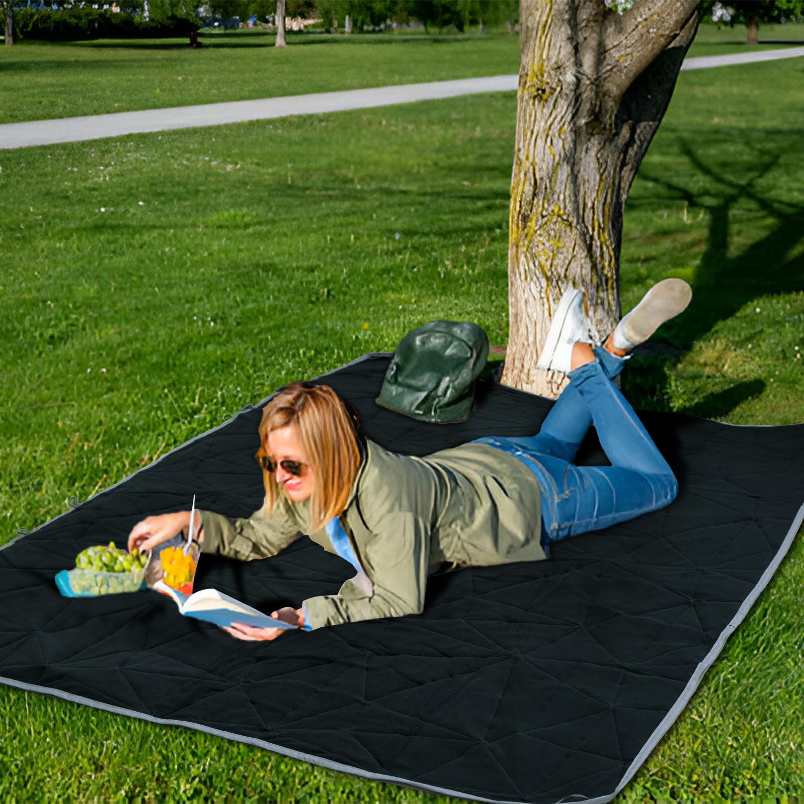 Large Outdoor Waterproof Blanket Extra Thick Fleece Stadium Blanket for Camping, Car, Pet, Picnics - Windproof, Wearable, Machine Washable 80" x 58" (Black Check)