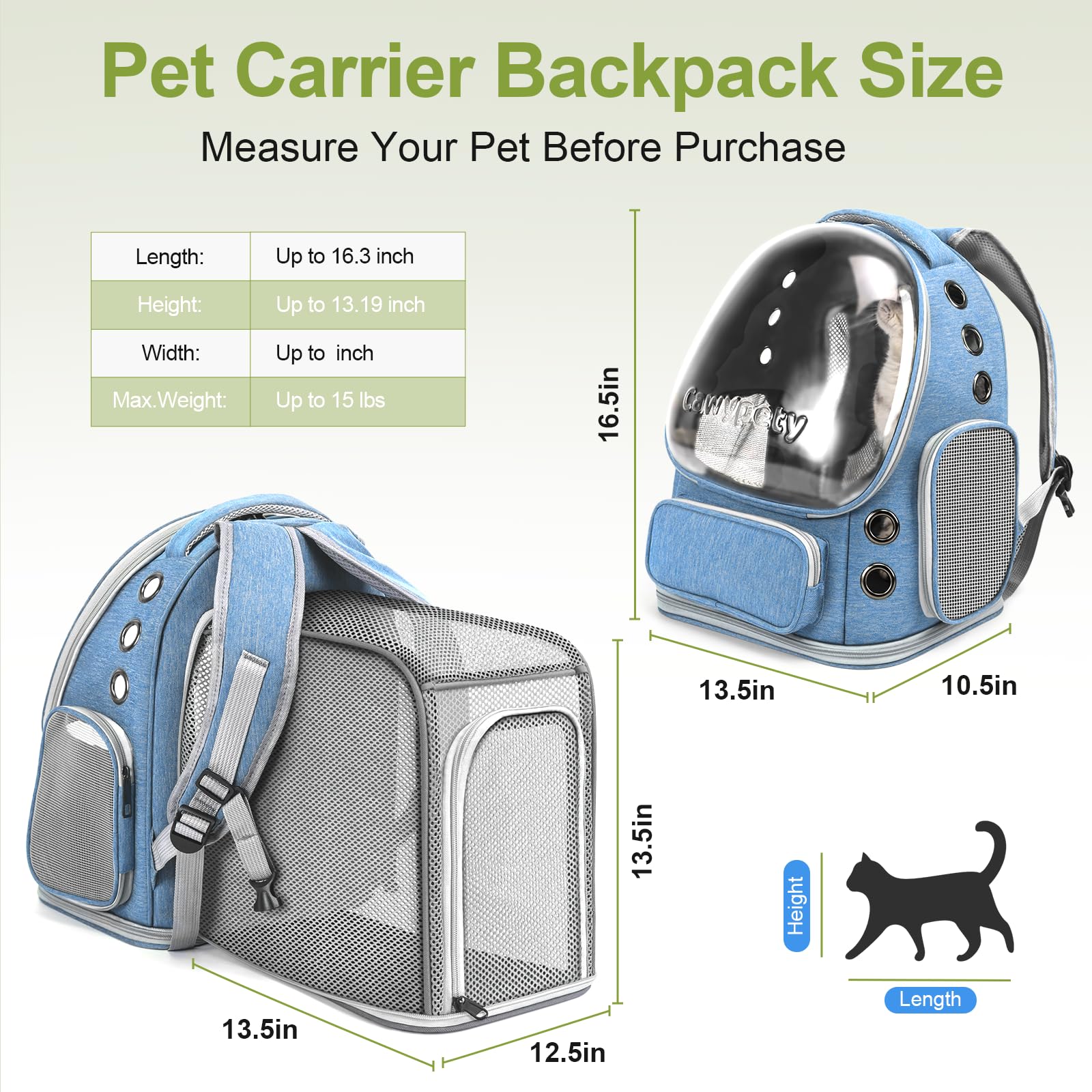 Cawypety Cat Backpack Carrier, Breathable Cat Carrier Large Space Bubble Pet Backpack for Kitty Small Dog up to 12lbs, Transparent & Foldable Pet Carrier for Travel Hiking (Black