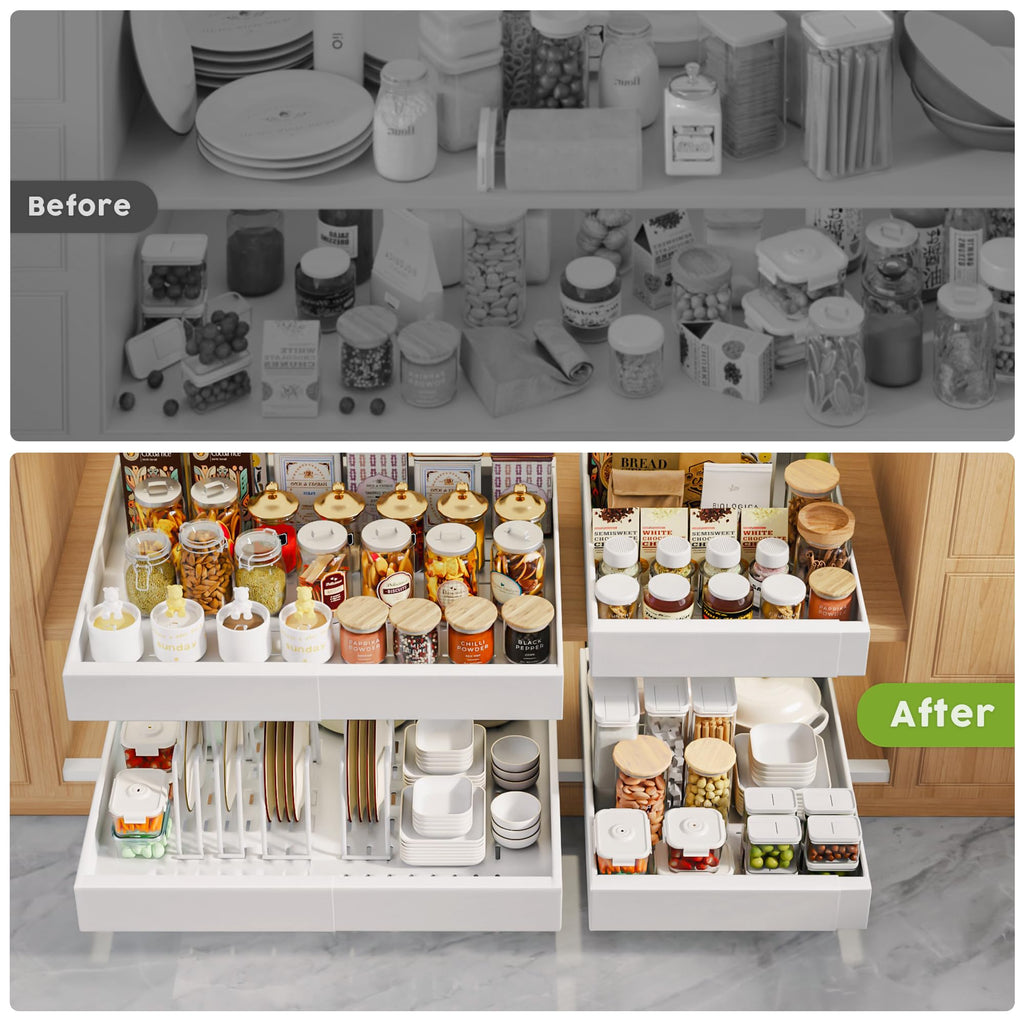 Seinloes 4 Pack Pull Out Cabinet Organizers 21" Deep With Raising Pad for Framed Cabinets, Expandable Width (15.2"-26.3") Slide Out Drawers Upgrade 3 Slide Rails, Roll Out Shelves Adhesive, Black