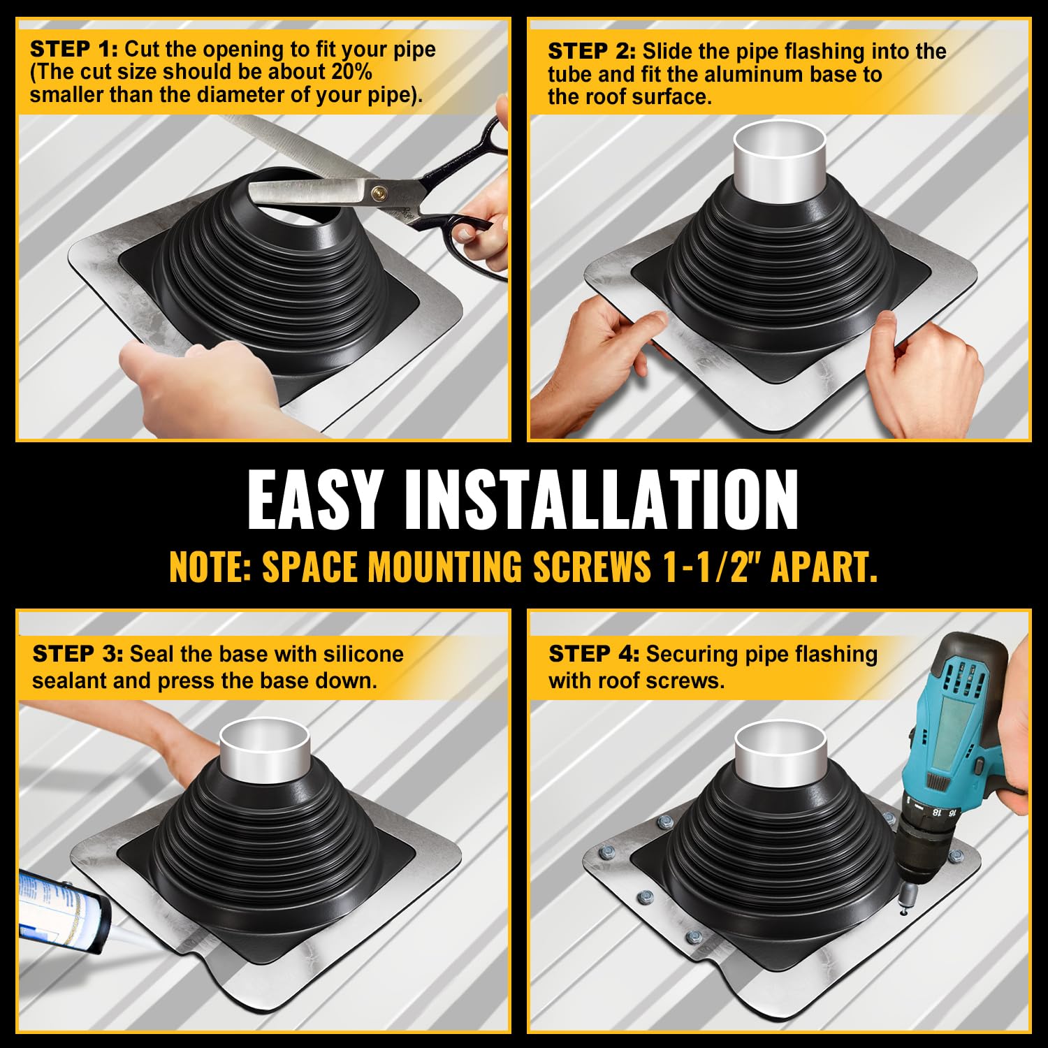 VIVIDA #1 Metal Roof Pipe Flashing, Metal Roofing Pipe Boot Kit, High Temp Silicone Vent Boot, for Tube OD 1/4" to 2", Square Base, Screws & Hex Socket Included, 1 Pack, Black