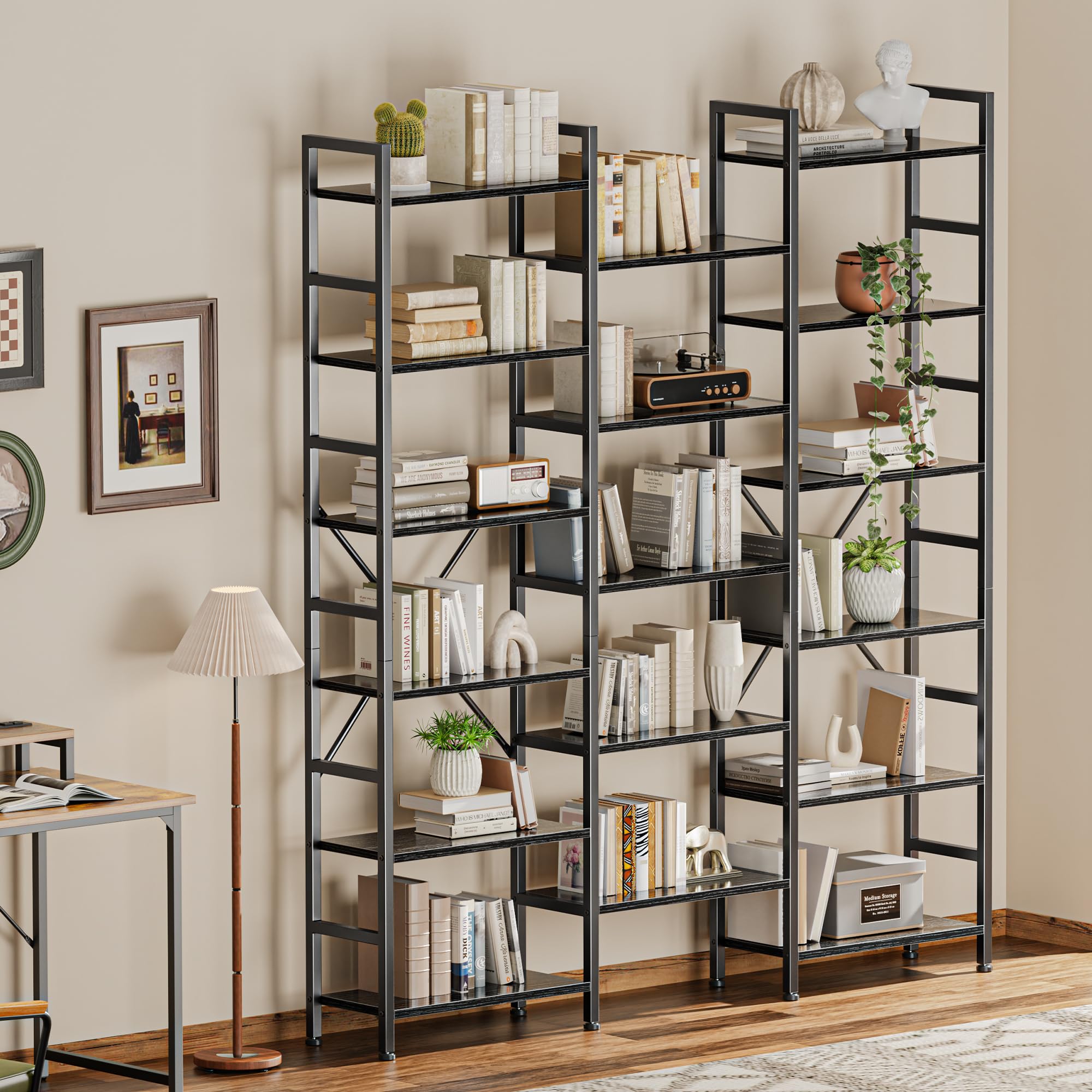 SUPERJARE Triple Bookshelf, Bookcase with 11 Open Display Shelves, Wide Book Shelf Book Case for Home & Office, 4 Tier, Black
