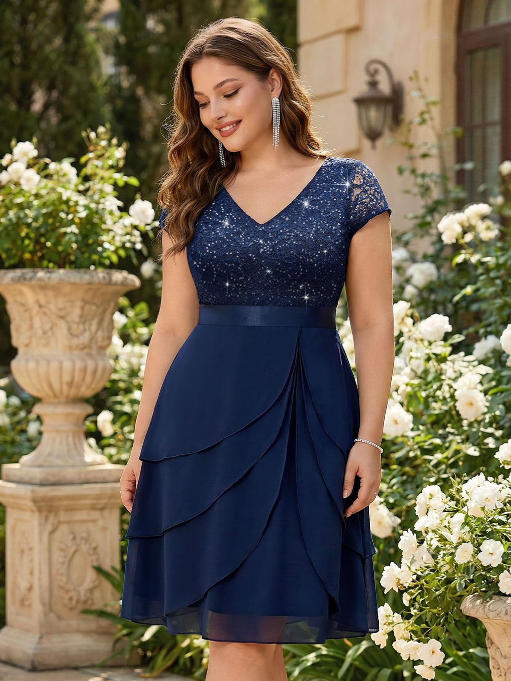 Miusol Women's Plus Size Sequin Lace V Neck Ruffle Tiered Chiffon Cocktail Party Dress