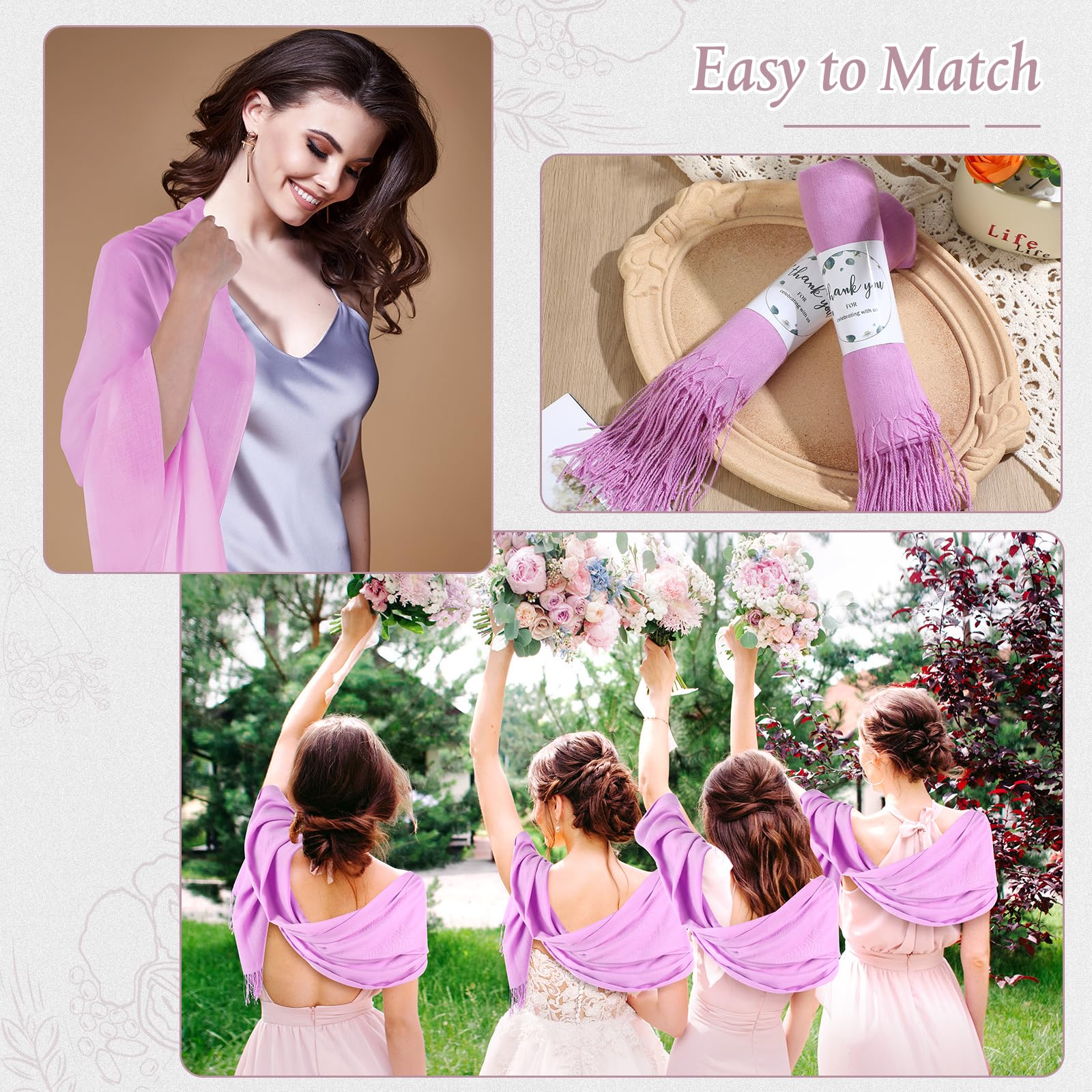 Ramede 50/100 Bulk Wedding Shawl Scarf for Women 79 x 28 Guests Shawl Wraps Gifts for Women Bridal Shawls with Thank Cards