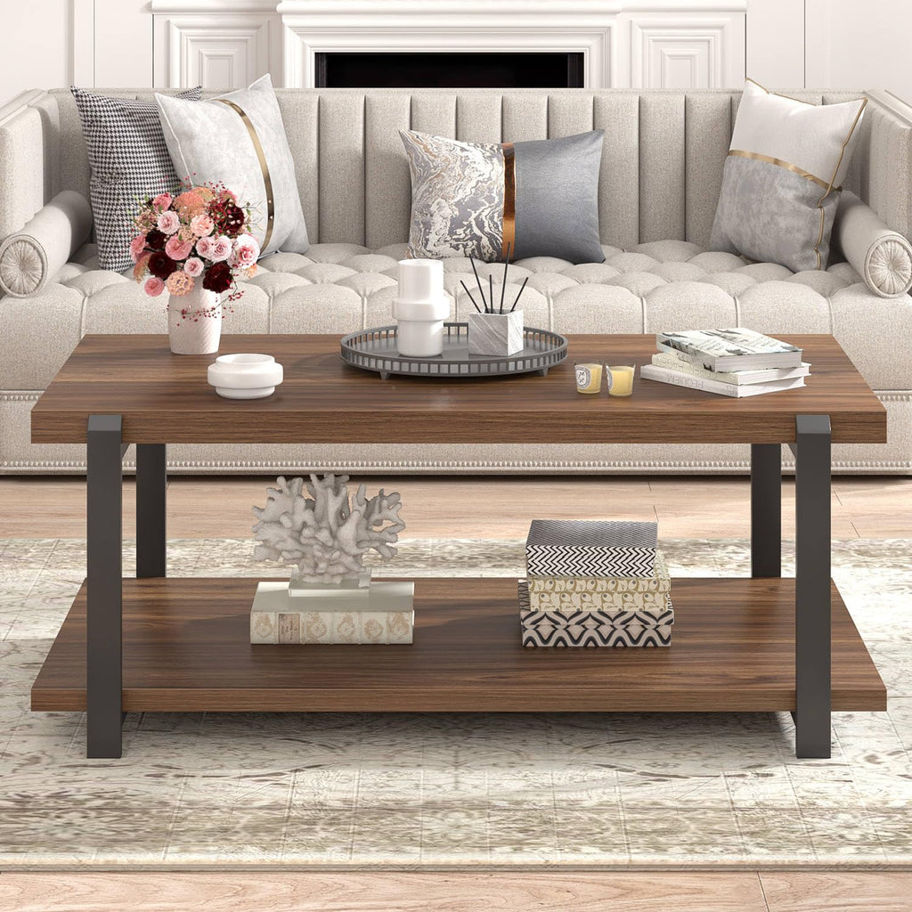 FOLUBAN Black Coffee Table, Modern Rustic Wood Center Table with Storage for Living Room, Industrial Rectangle 2 Tier Cocktail Tea Table, Black Oak