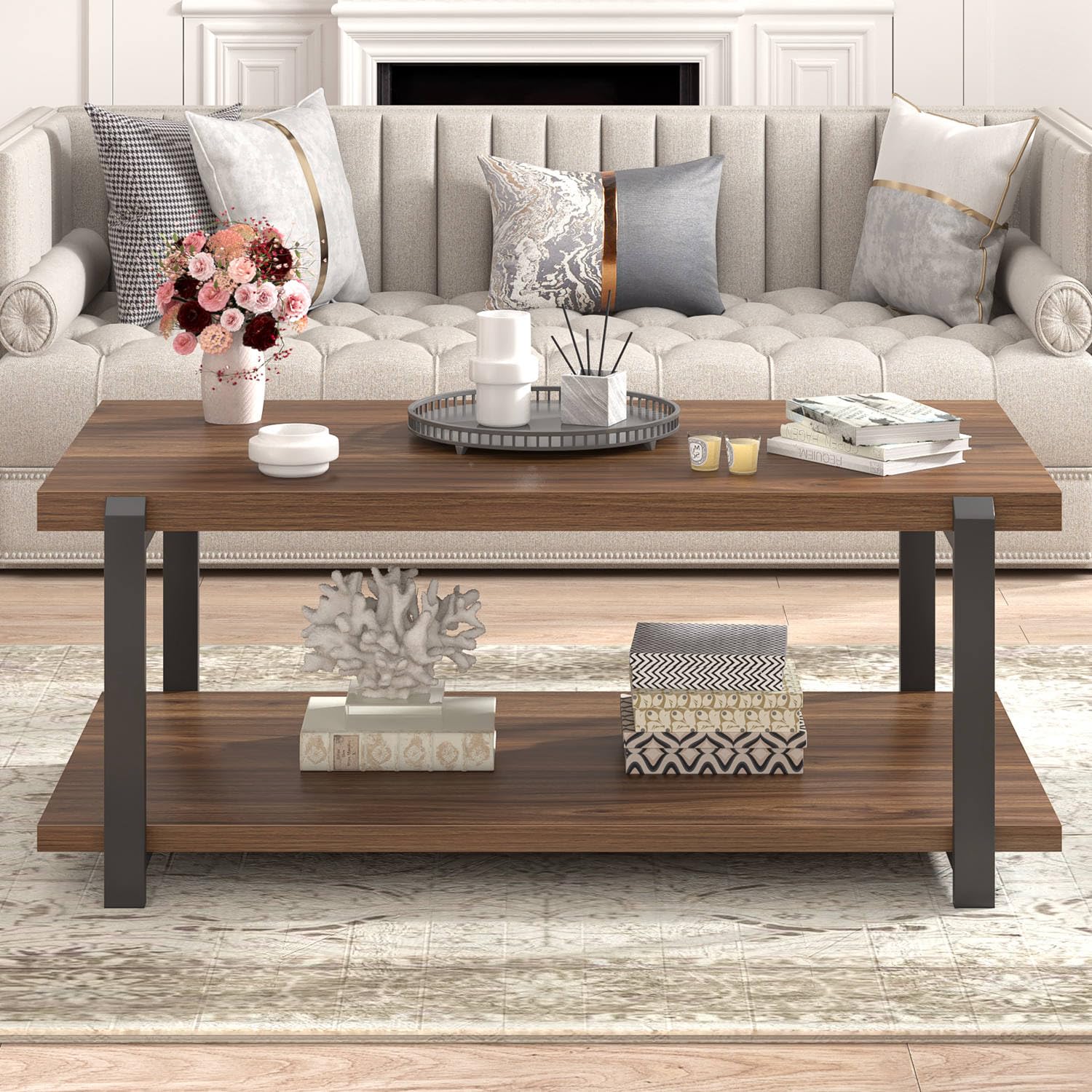 FOLUBAN Black Coffee Table, Modern Rustic Wood Center Table with Storage for Living Room, Industrial Rectangle 2 Tier Cocktail Tea Table, Black Oak