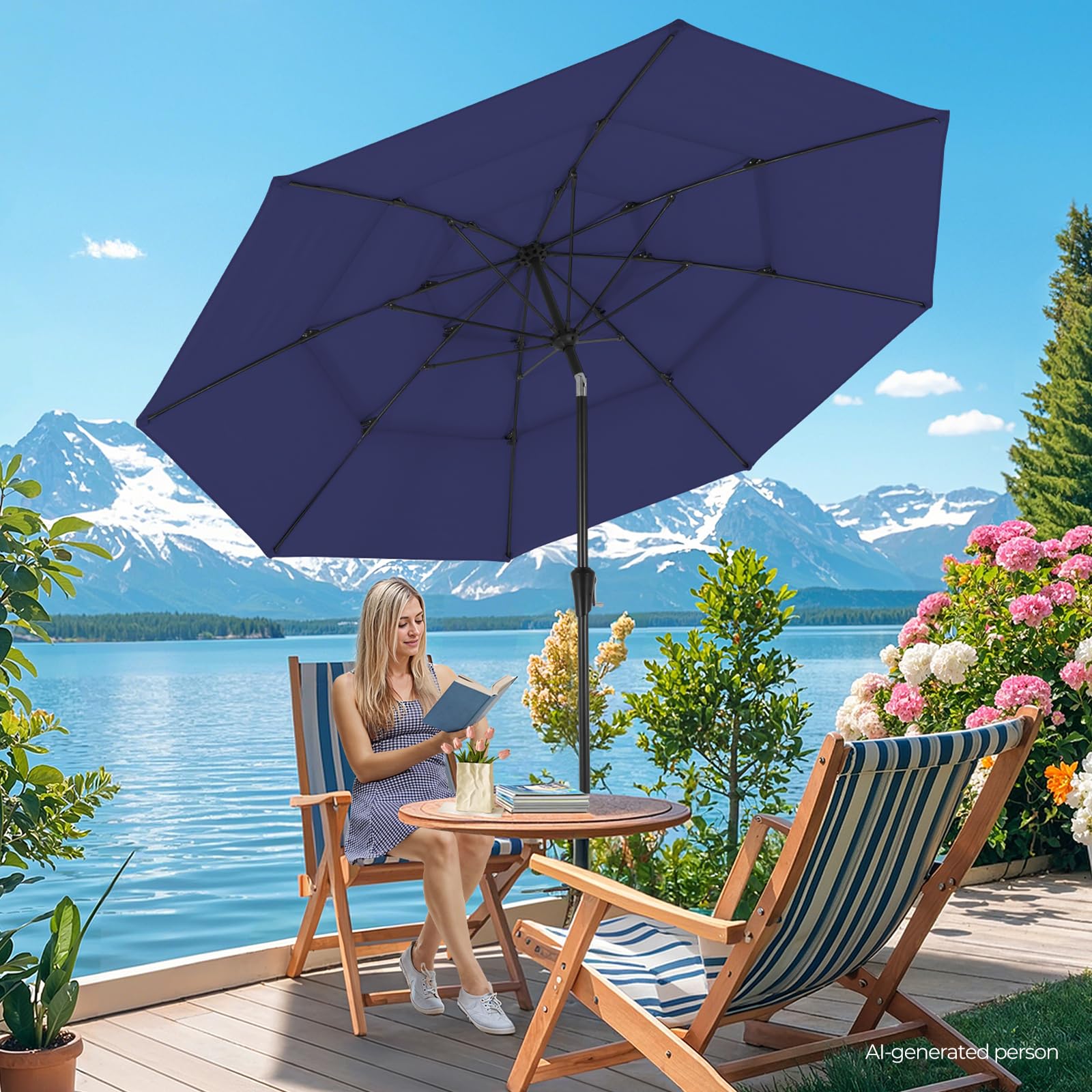 ONBRILL 10 FT Patio Umbrella, 3 Tier Outdoor Table Umbrella with 8 Sturdy Glass Fiber Ribs and Push Button Tilt, Outdoor Patio Umbrellas for Market Pool Garden Backyard, 1.5" Pole, Blue (No Base)