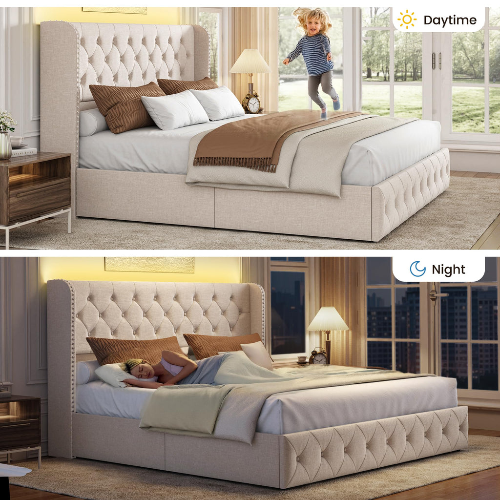 BRELTAM Full Size Bed Frame with Storage Drawers and Wingback Headboard Linen Upholstered Platform Bed Frame Tufted Beds with Heavy Duty Wood Slats, Noise Free, Easy Assembly, Beige