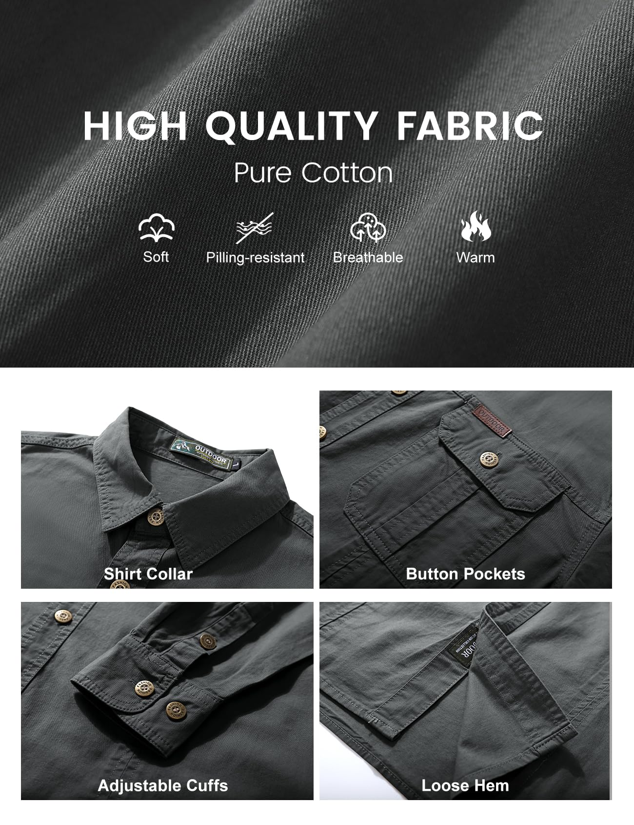 Eisctnd Men's Long Sleeve Cotton Work Shirt Casual Loose Fit Button Down Shirts with 2-Pocket for Outdoor Safari