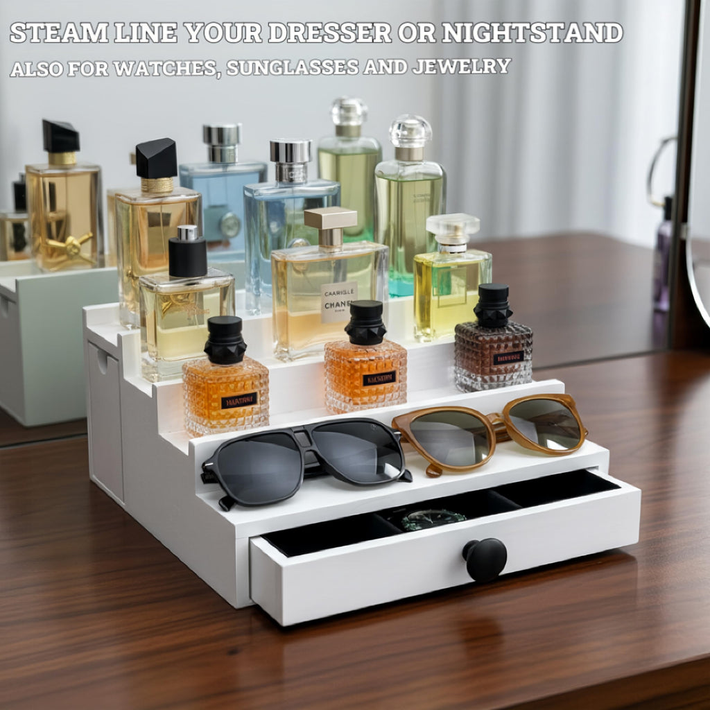 Wooden Cologne Organizer for Men 3 Tier | Black Perfume Holder Shelf for Dresser | High Grade Velvet Lining and Stylish Gift Box | Uncluttered Design Perfume Display Stand