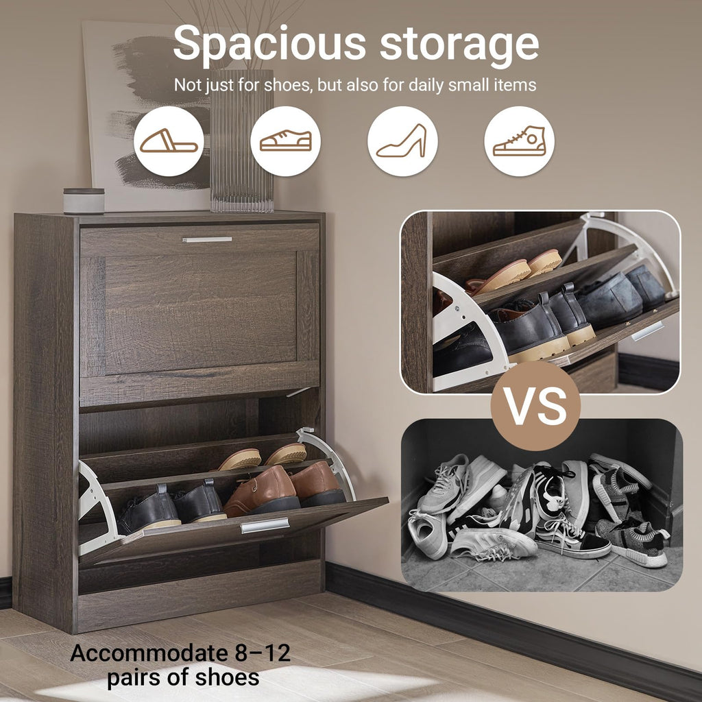 Haotian Shoe Cabinet Storage for Entryway, Narrow Shoe Cabinet with Two Flip Drawers to Save Space, Shoe Rack Cabinet for Front Door Entrance Hallway (Black)