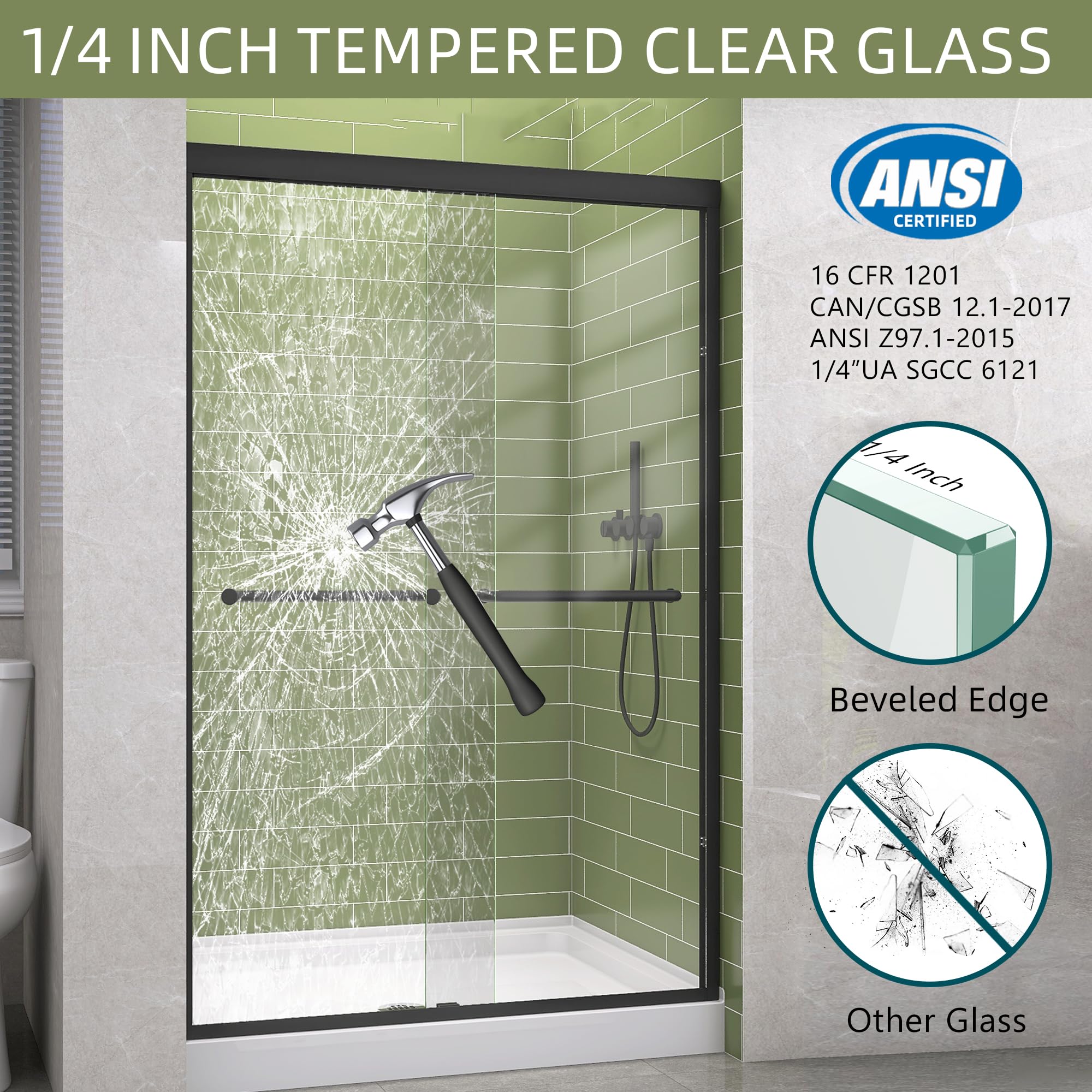 GETPRO Shower Door Sliding 44-48 in. W x 72 in. H Semi-Frameless Bypasss Double Sliding Doors for Shower,1/4 inch Clear Tempered Walk-in Shower Glass Door Brushed Nickel
