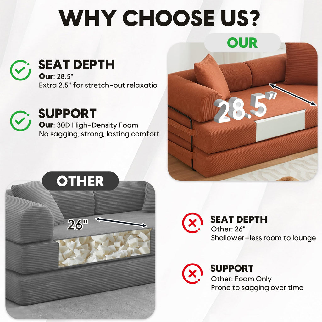 ZEIINPA 59“ Convertible Floor Sofa Bed, 5-in-1 Futon Sofa Bed Pull Out Sleeper Couch, Modern Corduroy Compressed Loveseat, Modular Boneless Couches for Living Room, No Assembly Required, Beige