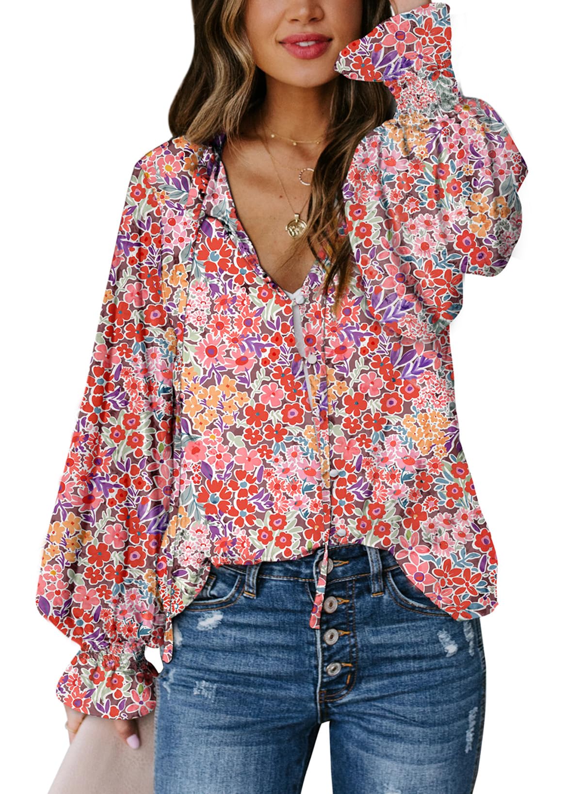 Biucly Women's Casual Boho Floral Print V Neck Long Sleeve Drawstring Tops Loose Blouses Button Down Shirts