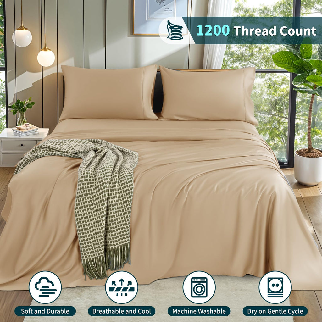 LBRO2M 100% Cotton 1200 Thread Count Full Size Sheets Set,16 inches Deep Pocket,Bed Sheet 4 Piece Sets (Black, Full)
