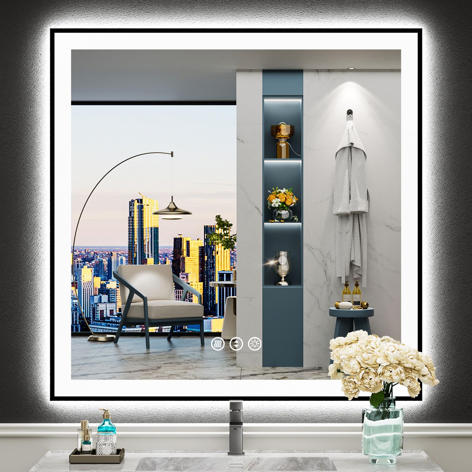 24x32 Black Framed LED Bathroom Mirror with Lights, Backlit and Front Lit Anti-Fog Lighted Vanity Mirrors for Bathroom Wall, Dimmable, 3 Colors, Memory, HD Tempered Glass, Horizontal/Vertical