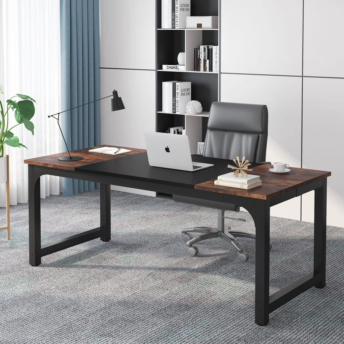 Tribesigns 63” Executive Desk, Large Office Computer Desk with Thicken Frame, Modern Simple Workstation Business Furniture for Home Office, Rustic Brown/Black