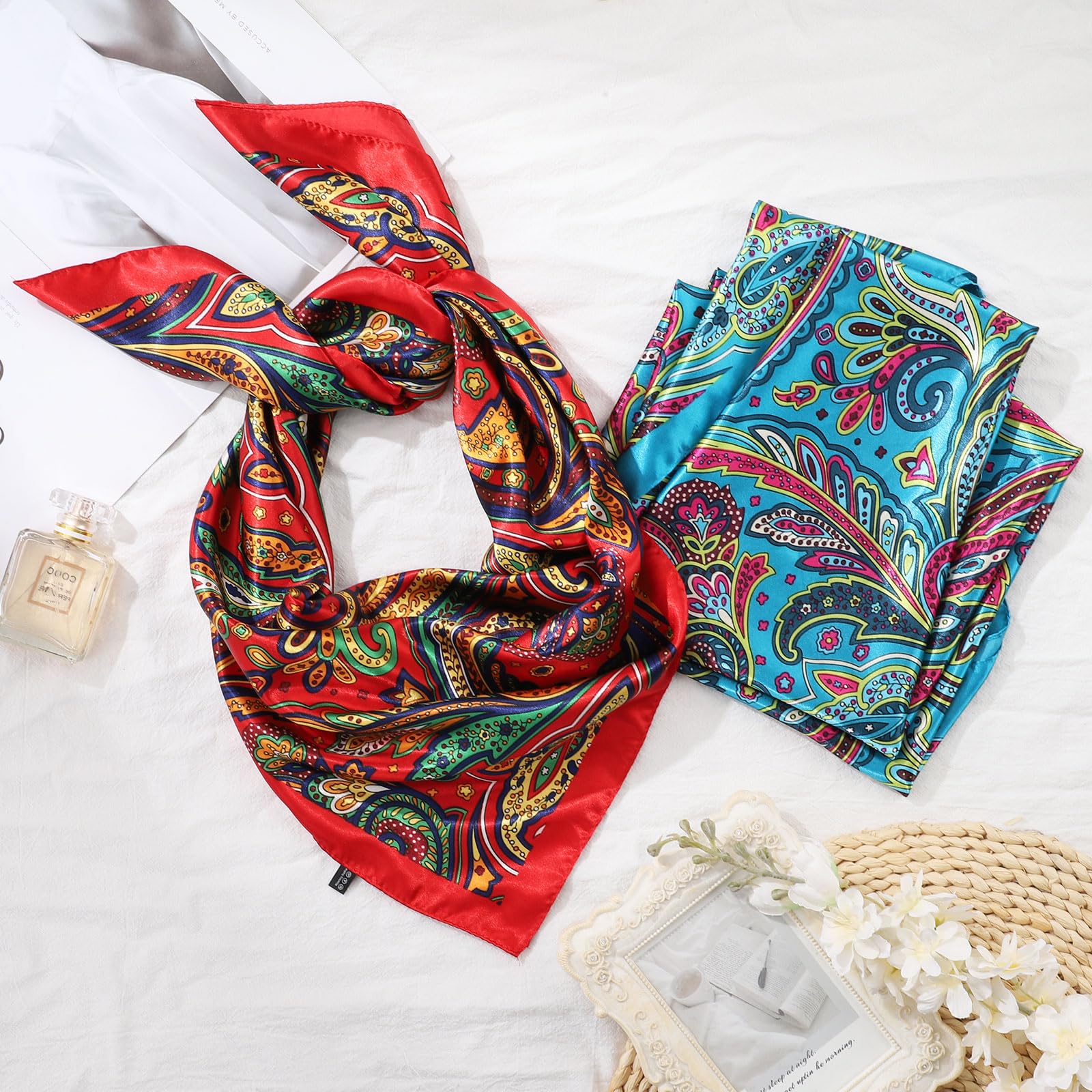 AWAYTR 35” Large Satin Square Head Scarf - 2Pcs Silk Like Floral Head Scarves Square Satin Hair Scarf Bandanas for Women