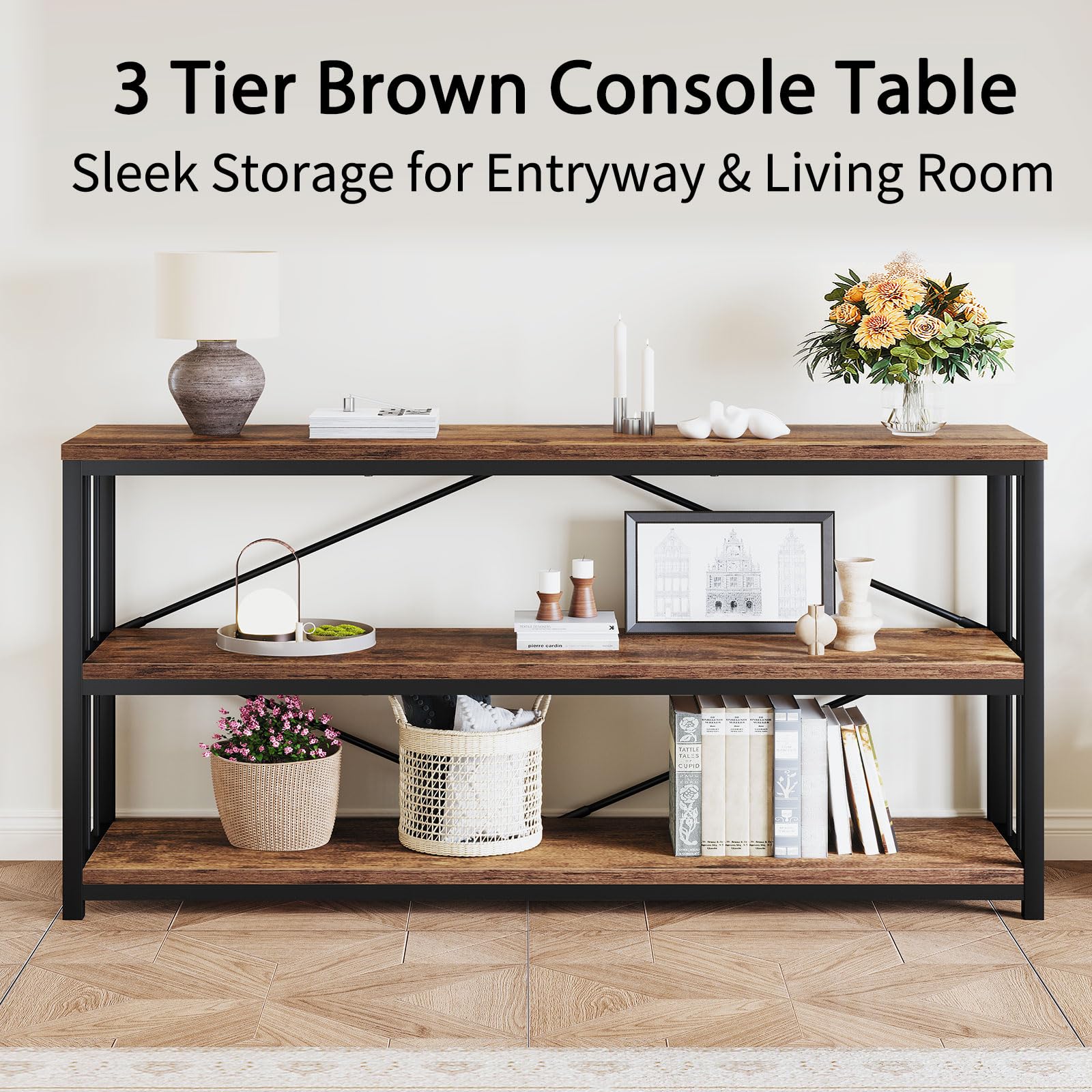 LVB Black Console Table, Modern Entryway Table for Hallway Living Room, Industrial Sofa Table Behind Couch, Farmhouse Wooden Metal Entry Table for Foyer with 3-Tier Storage Shelves, Black Oak, 55 Inch
