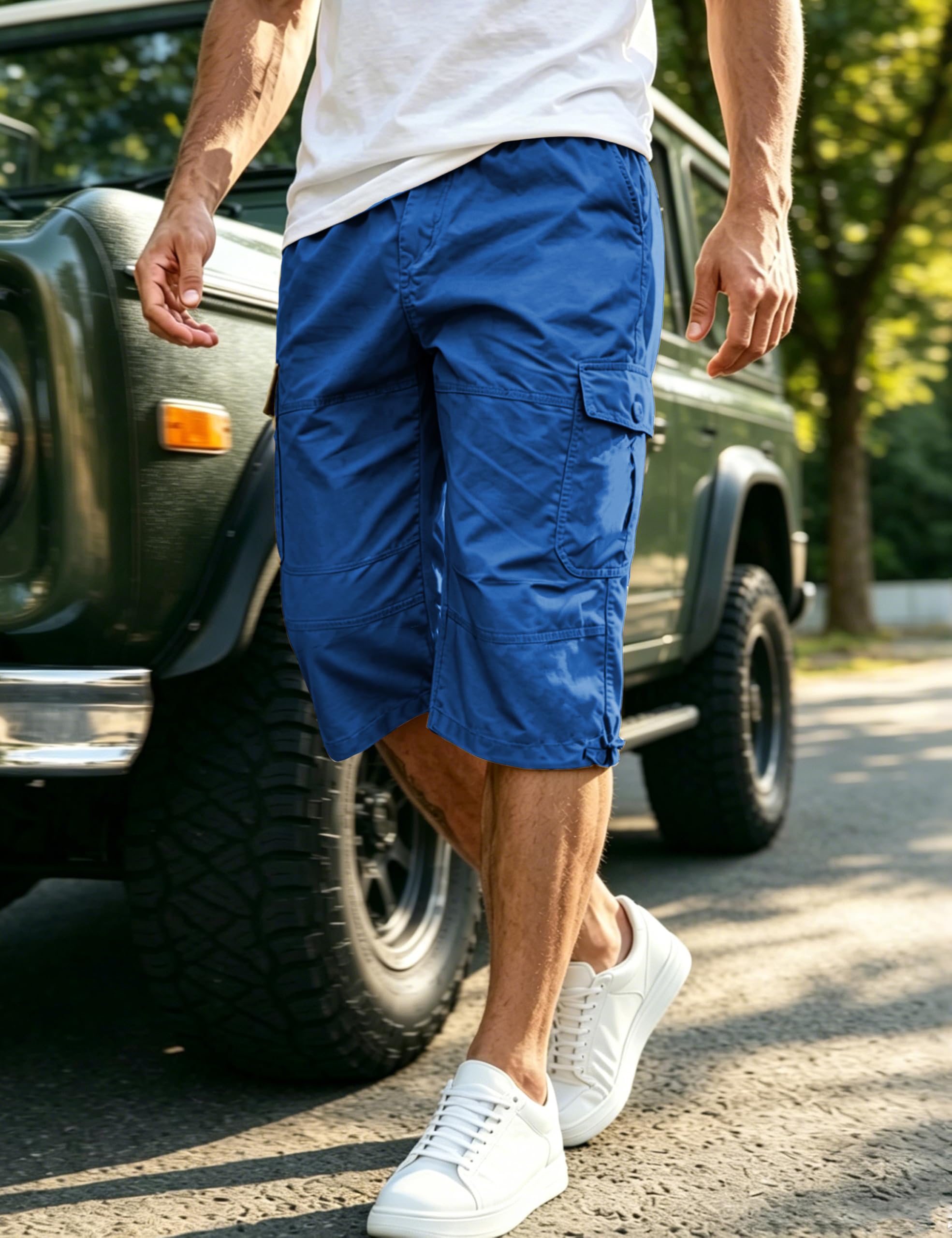 EKLENTSON Men's Cargo Shorts Casual Twill Elastic 3/4 Capri Pants Below Knee Long Shorts with 7 Pockets