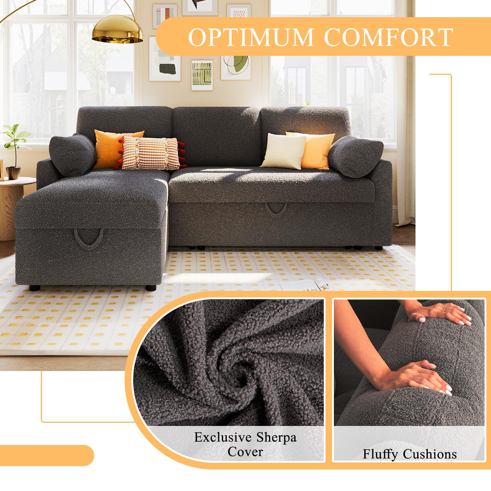 PaPaJet Sofa Bed, Sleeper Sofa with Storage Chaise, L Shaped Sofa with Pull Out Bed, Oversized Sofas for Living Room, Beige