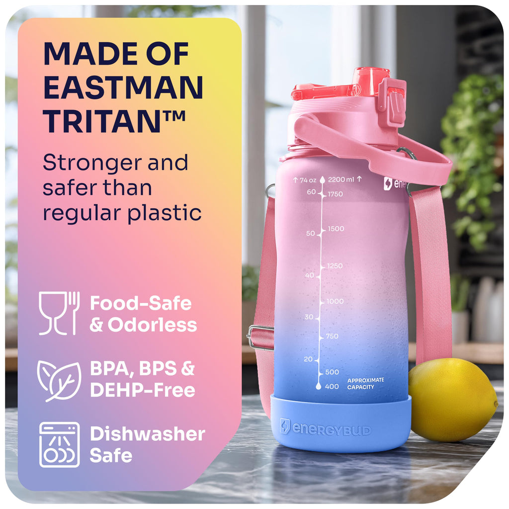 1/2 Gallon Water Bottle with 74.3 oz Capacity - Motivational Time Markers for Daily Hydration Goals - Leakproof BPA Free Tritan with Removable Straw