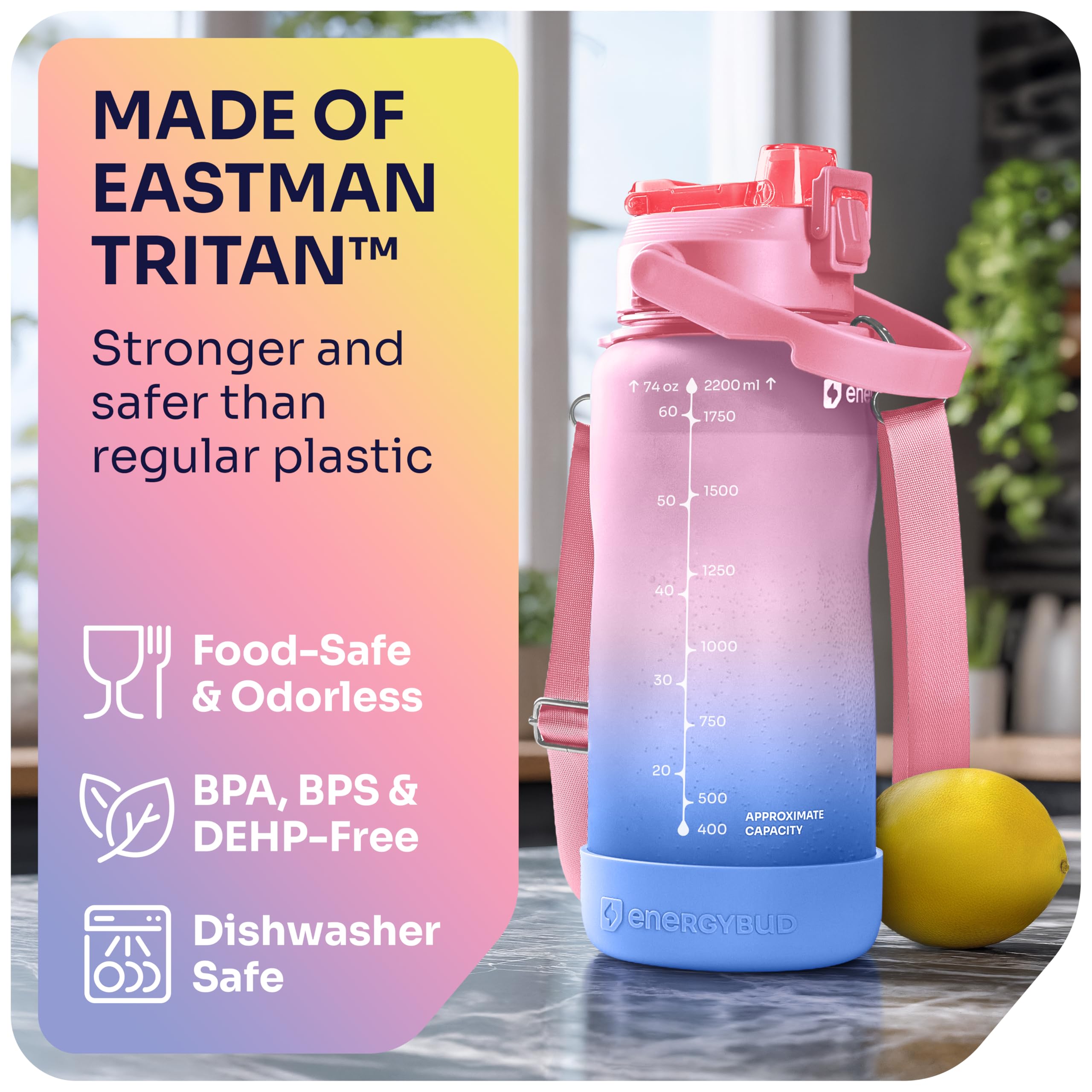 1/2 Gallon Water Bottle with 74.3 oz Capacity - Motivational Time Markers for Daily Hydration Goals - Leakproof BPA Free Tritan with Removable Straw