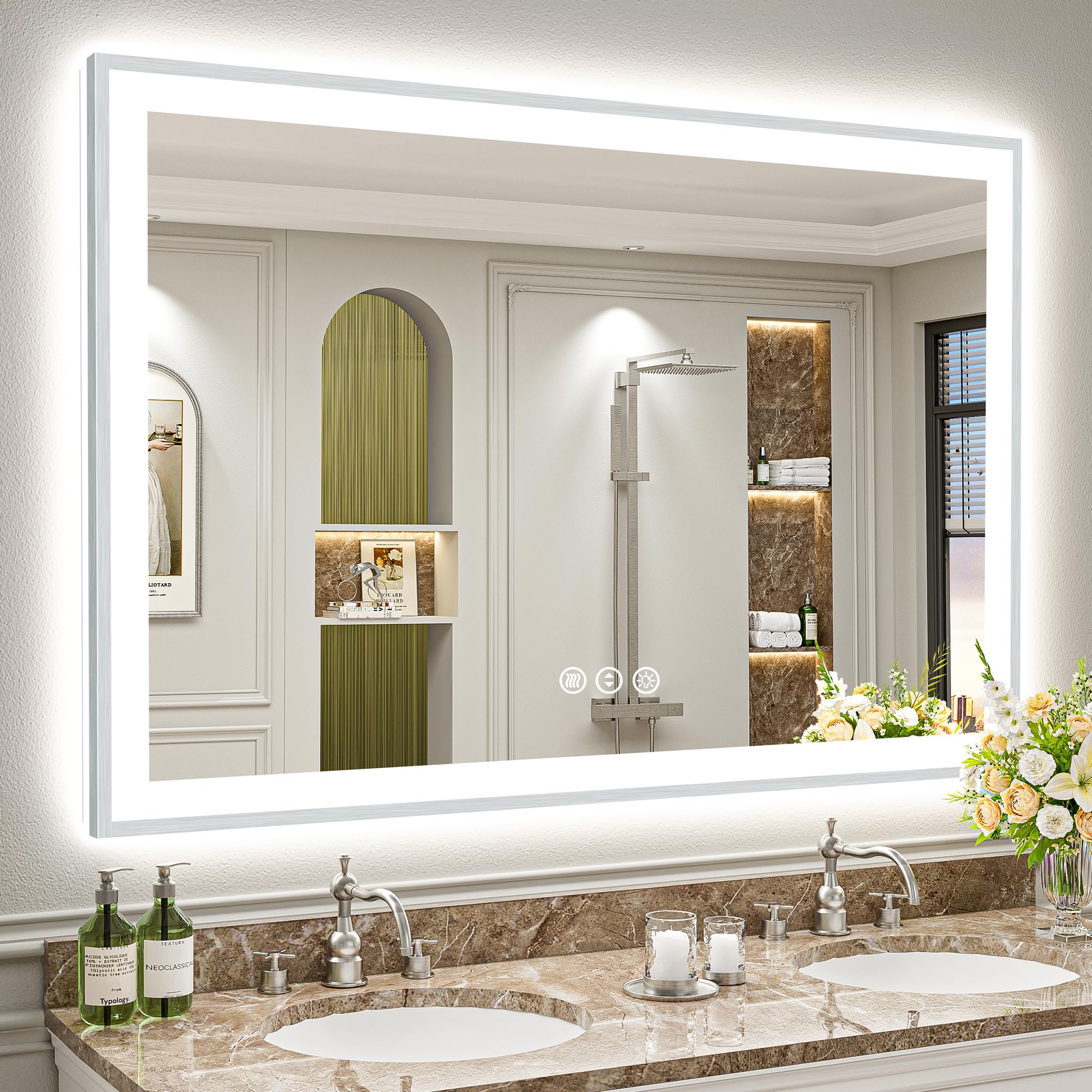 24x32 Black Framed LED Bathroom Mirror with Lights, Backlit and Front Lit Anti-Fog Lighted Vanity Mirrors for Bathroom Wall, Dimmable, 3 Colors, Memory, HD Tempered Glass, Horizontal/Vertical