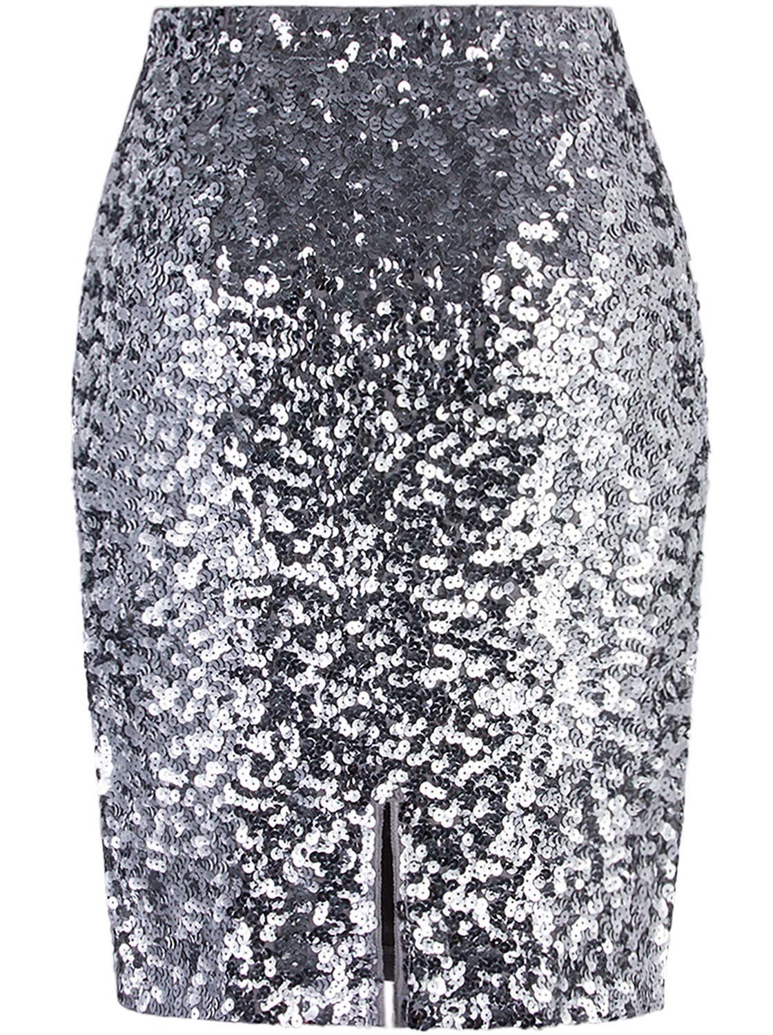 Vijiv Women's Sequin Skirt Midi High Waist Elegant Stretchy Sparkle Side Slit Pencil Skirt Party Cocktail