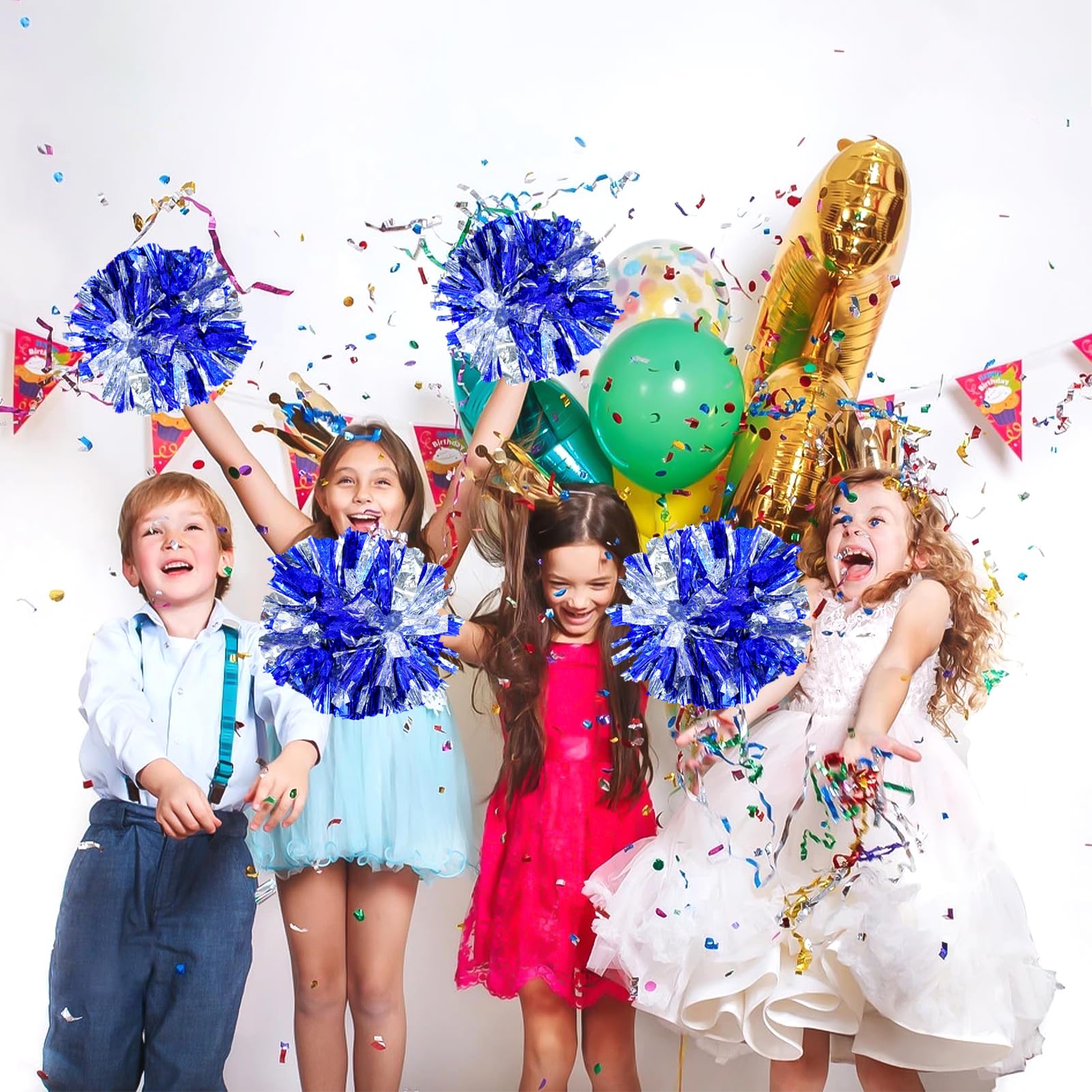 4Pcs Metallic Cheerleading Pom Poms, Creatiee 2 Pair Cheerleader Cheering Squad Pompoms for School Sports Dance Games Team Spirit Cheer