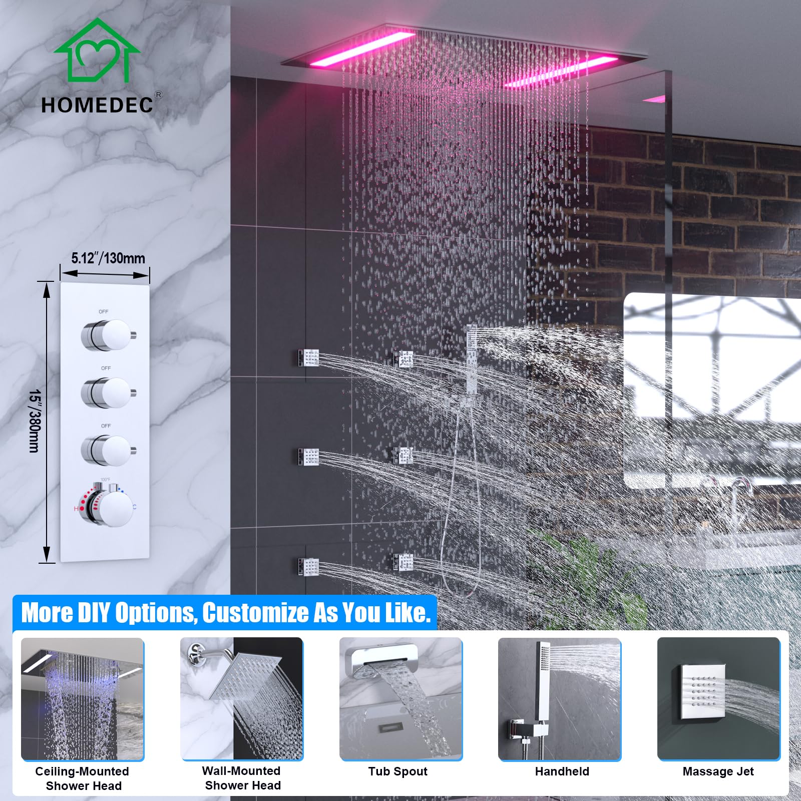 HOMEDEC 2 Way Shower Diverter Valve Brass Dual Functions Thermostatic Shower Mixing Valve Kit 3 Handle Flow Control Valve, 3/4 Inch Inlet, Can Use All Options At a Time, Matte Black