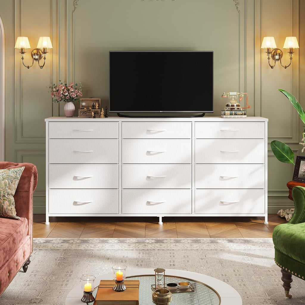 Romorgniz 55" Long Dresser for Bedroom with 12 Fabric Drawers, TV Stand for 60 inch TV Dressers & Chests of Drawers Large Organizer, Living Room, Metal Frame, Wood Top, White