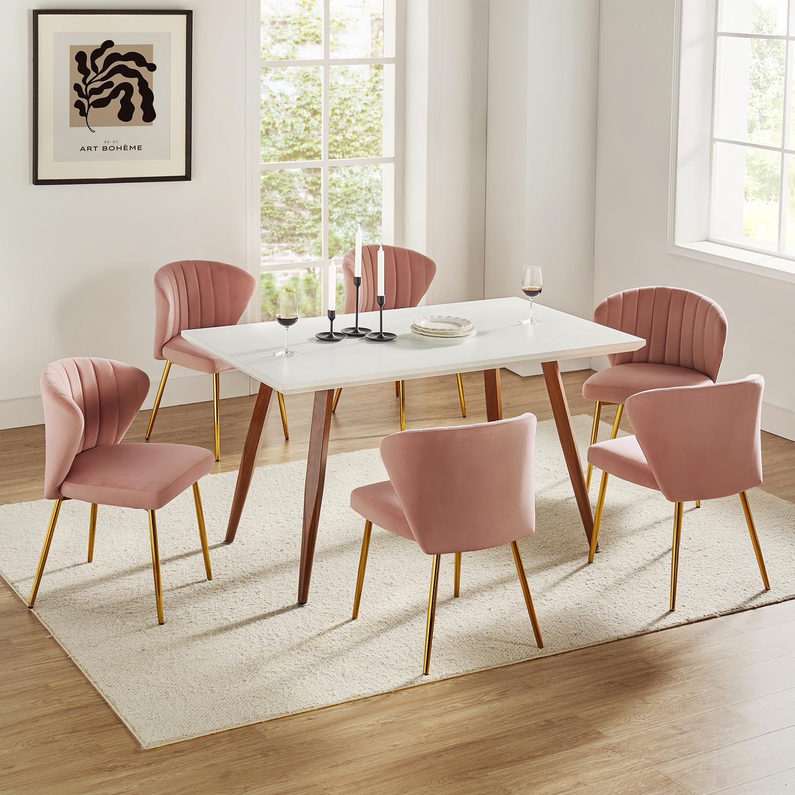 HULALA HOME Velvet Dining Chairs, Modern Small Armless Accent Chair with Gold Metal Legs, Living Room Upholstered Cute Side Chair, Elegant Tufted Back Vanity Chair for Bedroom, Auburn
