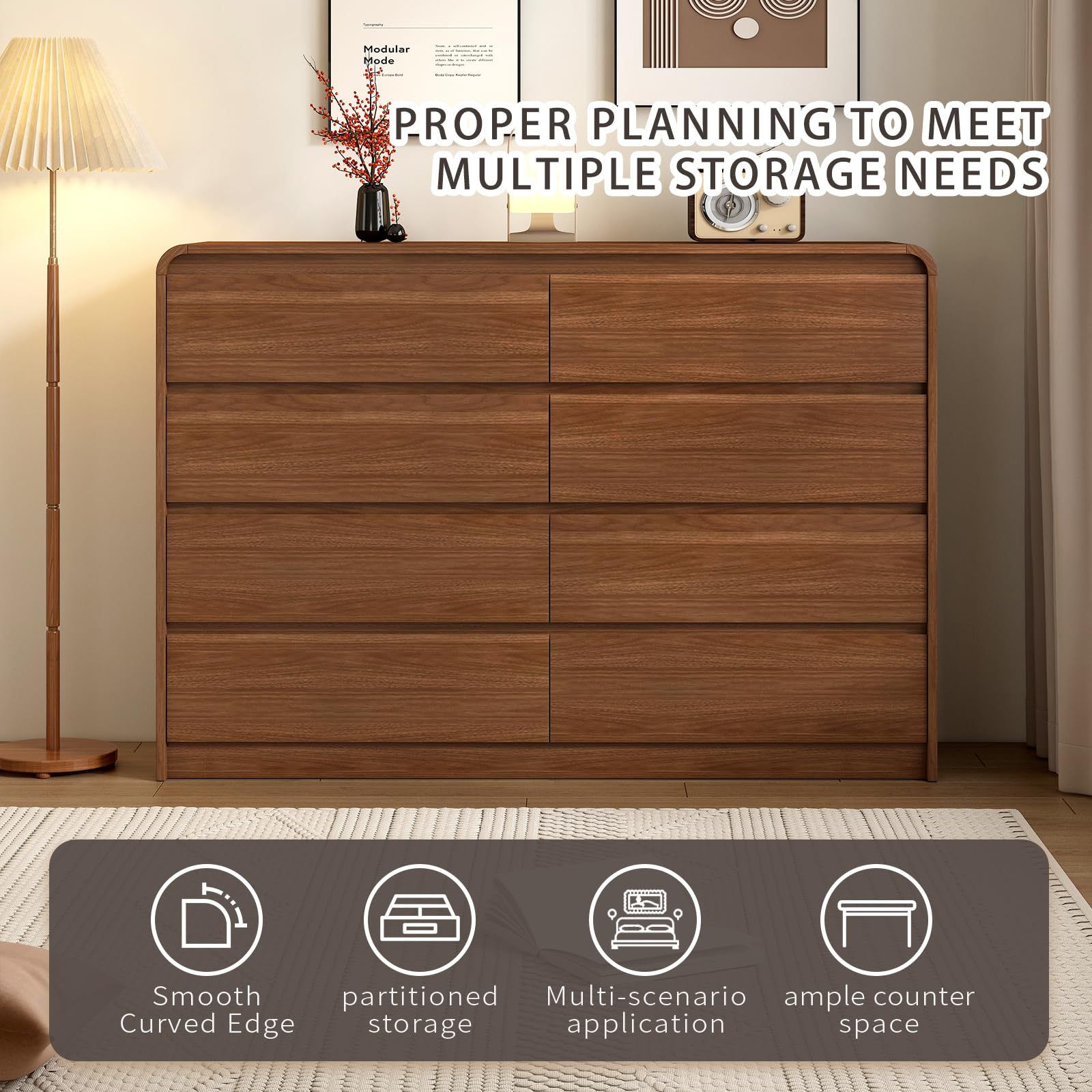 Messenya Modern 6 Drawer Dresser, 47-Inch Wood Chest of Drawers, Curved Anti-Collision Design, Mid-Century Storage Cabinet, Pre-Embedded Slots, for Bedroom, Living Room, TV Stand, Nursery
