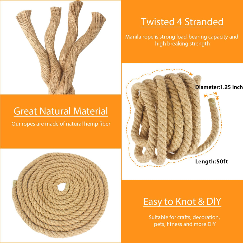 Manila Rope 2 Inch X 50 Ft, Thick Hemp Rope 4 Strand Twisted, Natural Hemp for Crafts Heavy Duty Multipurpose for Swing Bed, Camping, Tug of War, Docks, DIY Projects.