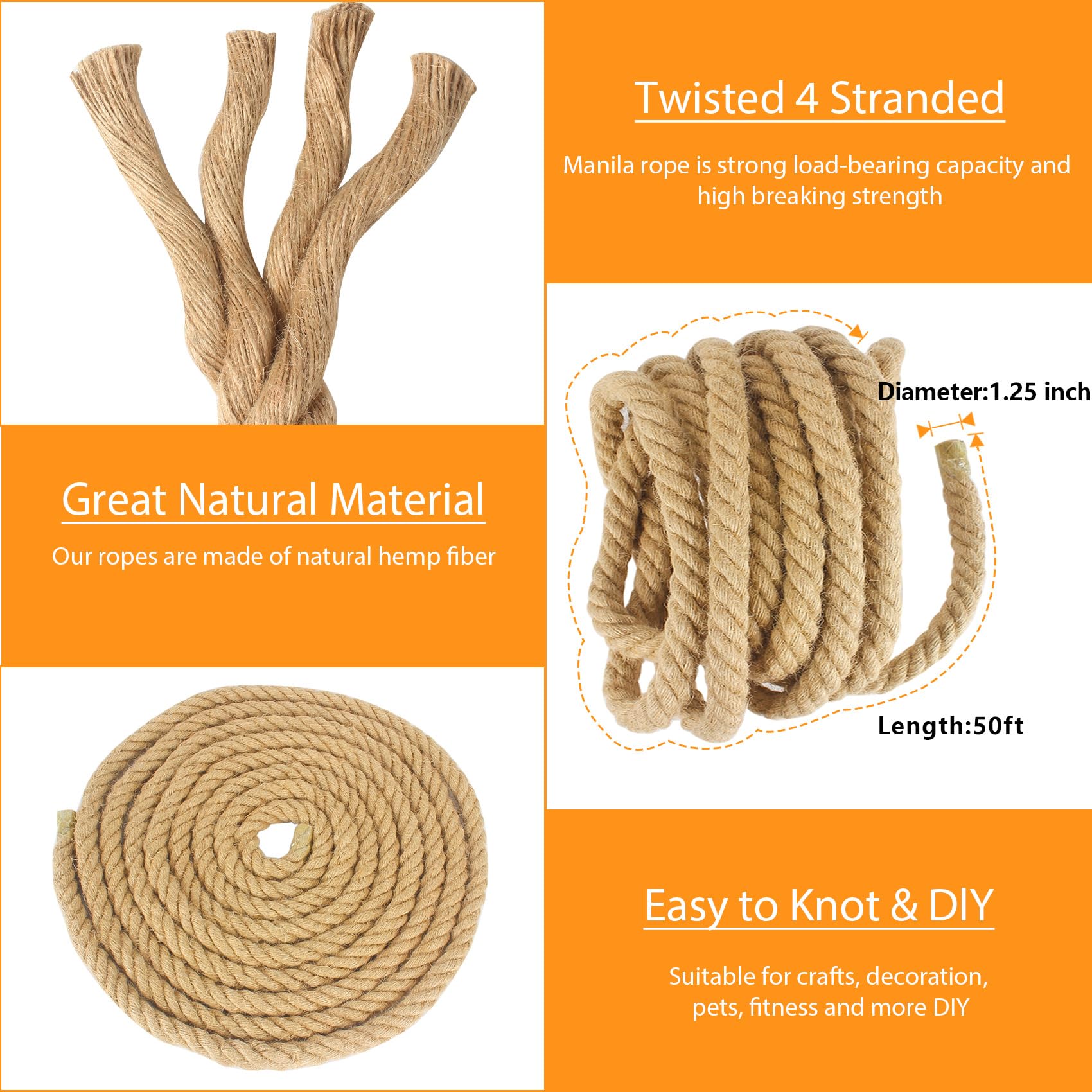 Manila Rope 2 Inch X 50 Ft, Thick Hemp Rope 4 Strand Twisted, Natural Hemp for Crafts Heavy Duty Multipurpose for Swing Bed, Camping, Tug of War, Docks, DIY Projects.