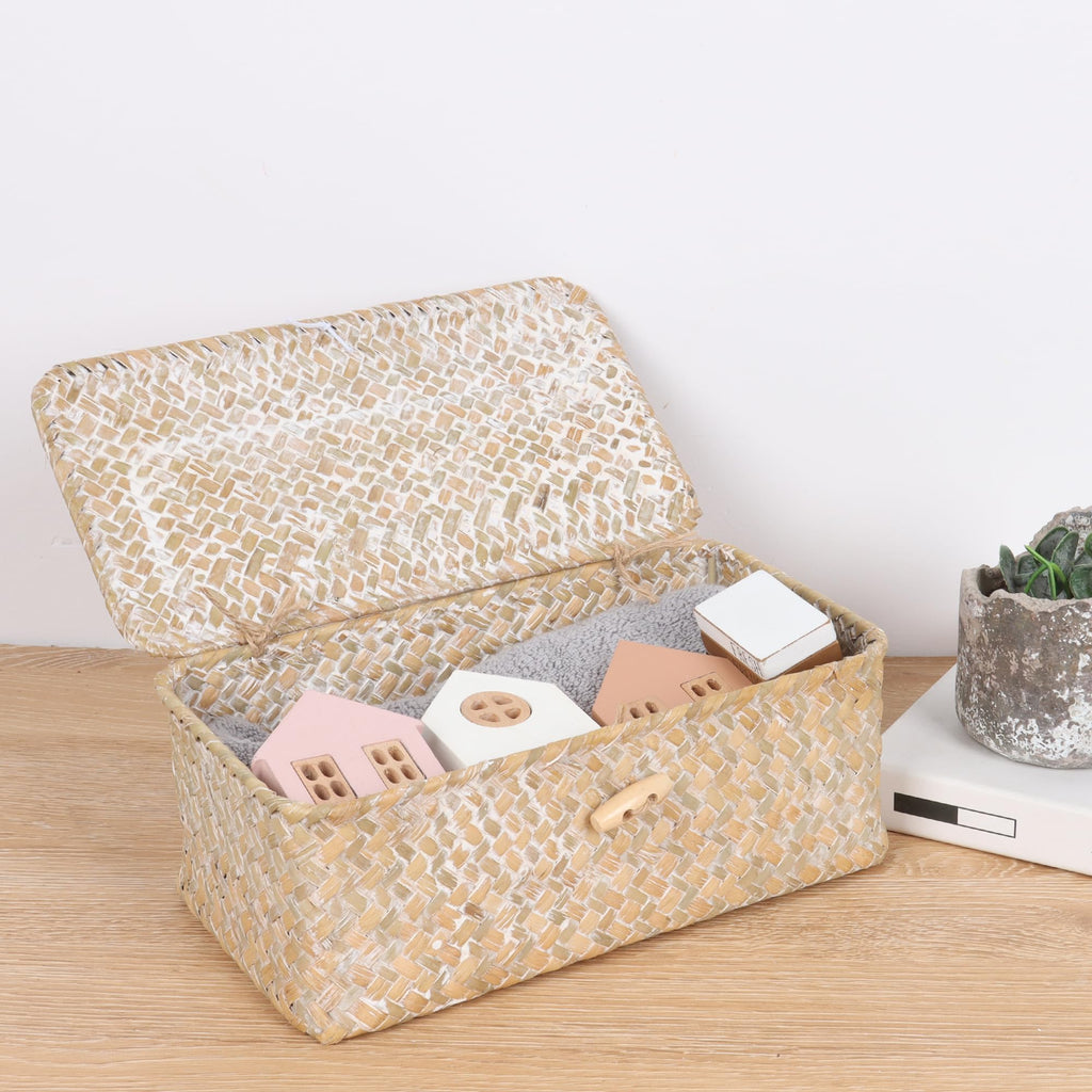 FEIALNDUO Wicker Shelf Baskets with Lid,Seagrass Storage Basket Bins Rectangular Handwoven Basket Boxes for Shelves Desktop Home Organizer (Coffee, X-Small)