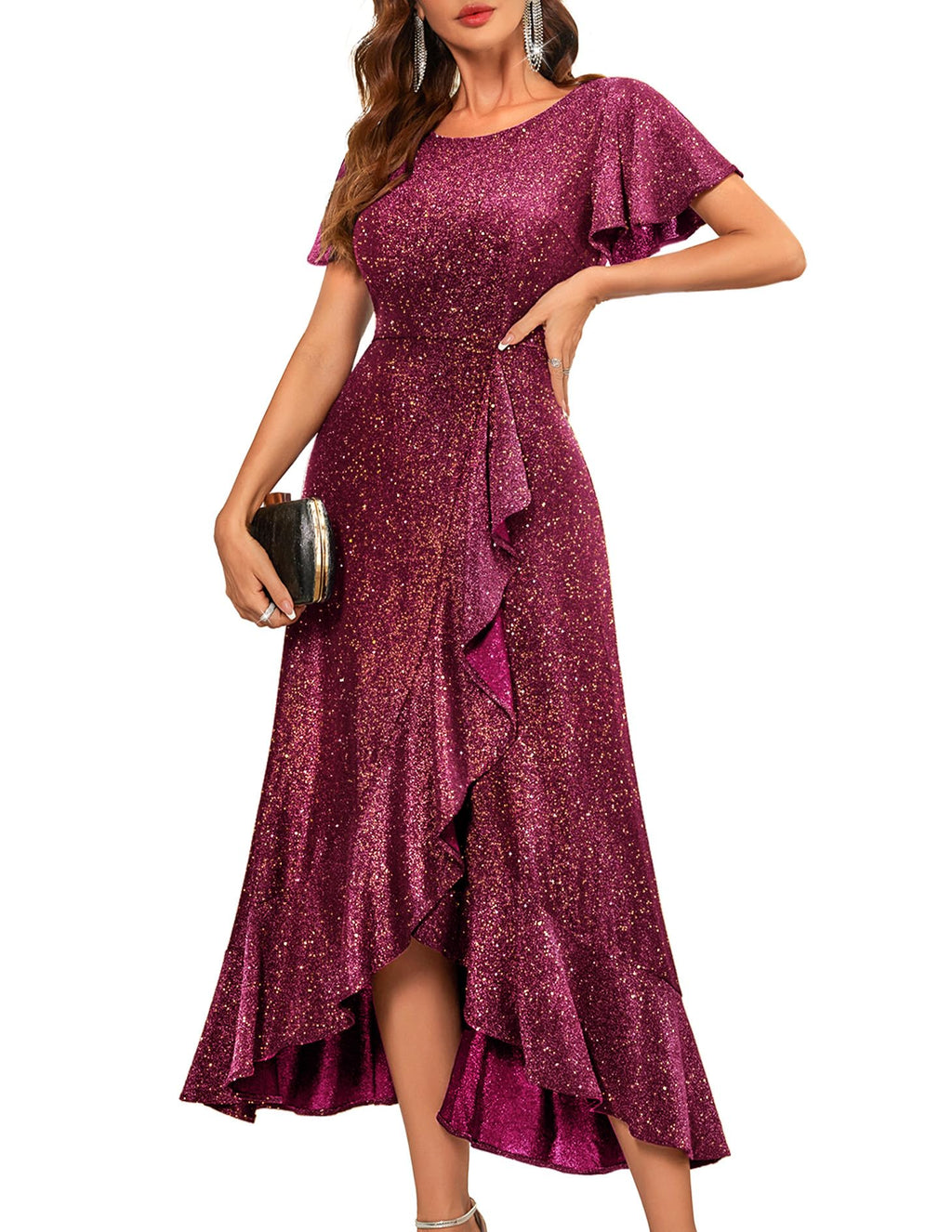 BeryLove Women Sequin Formal Party Dress Flutter Short Sleeve Wedding Cocktail Long Evening Dress
