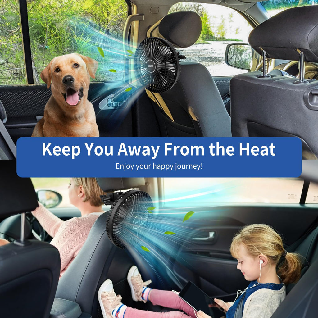 XOOL Clip Car Fan, 9 Inches 12V/24V Fan, 360° Rotatable Electric Cooling Clip on Fan with Stepless Speed Regulation for SUV, RV, Truck