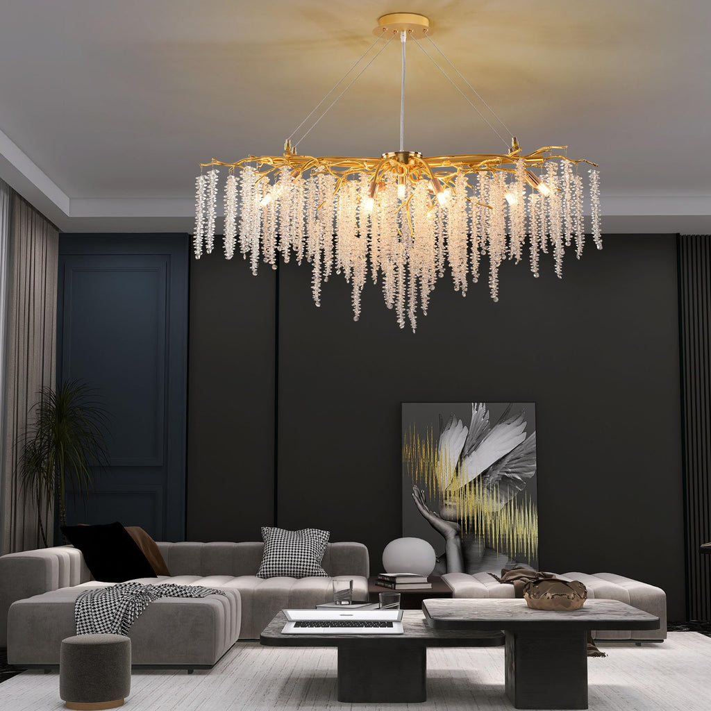 Modern Crystal Raindrop Chandelier, L40'' Black Linear Rectangle Art Deco Tree Branch Lighting Fixture for Kitchen Island Living Room Foyer Staircase 10 Lights