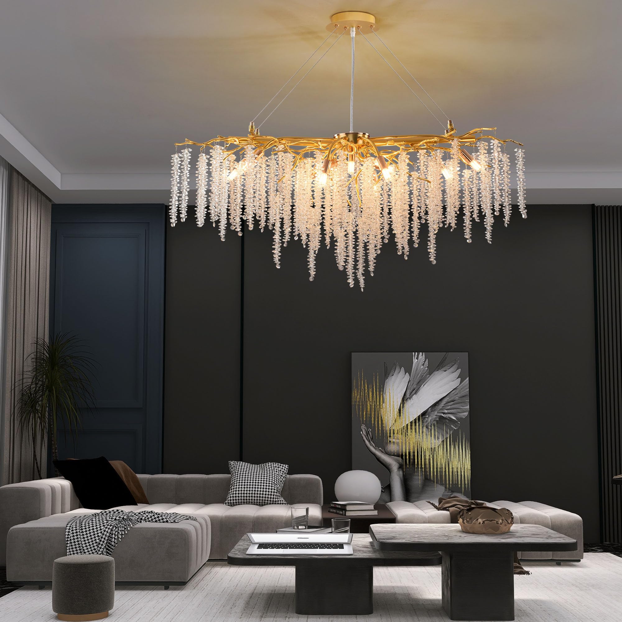Modern Crystal Raindrop Chandelier, L40'' Black Linear Rectangle Art Deco Tree Branch Lighting Fixture for Kitchen Island Living Room Foyer Staircase 10 Lights