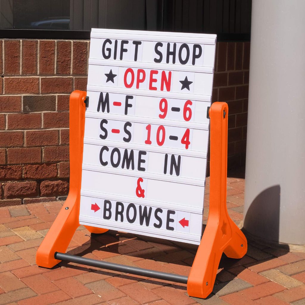 Swinging Changeable Message Sidewalk Sign: 24" x 36" Sign with 792 Pre-Cut Double Sided Letters and Storage Box. Includes Black Board & Letter Board (Black Color Legs)