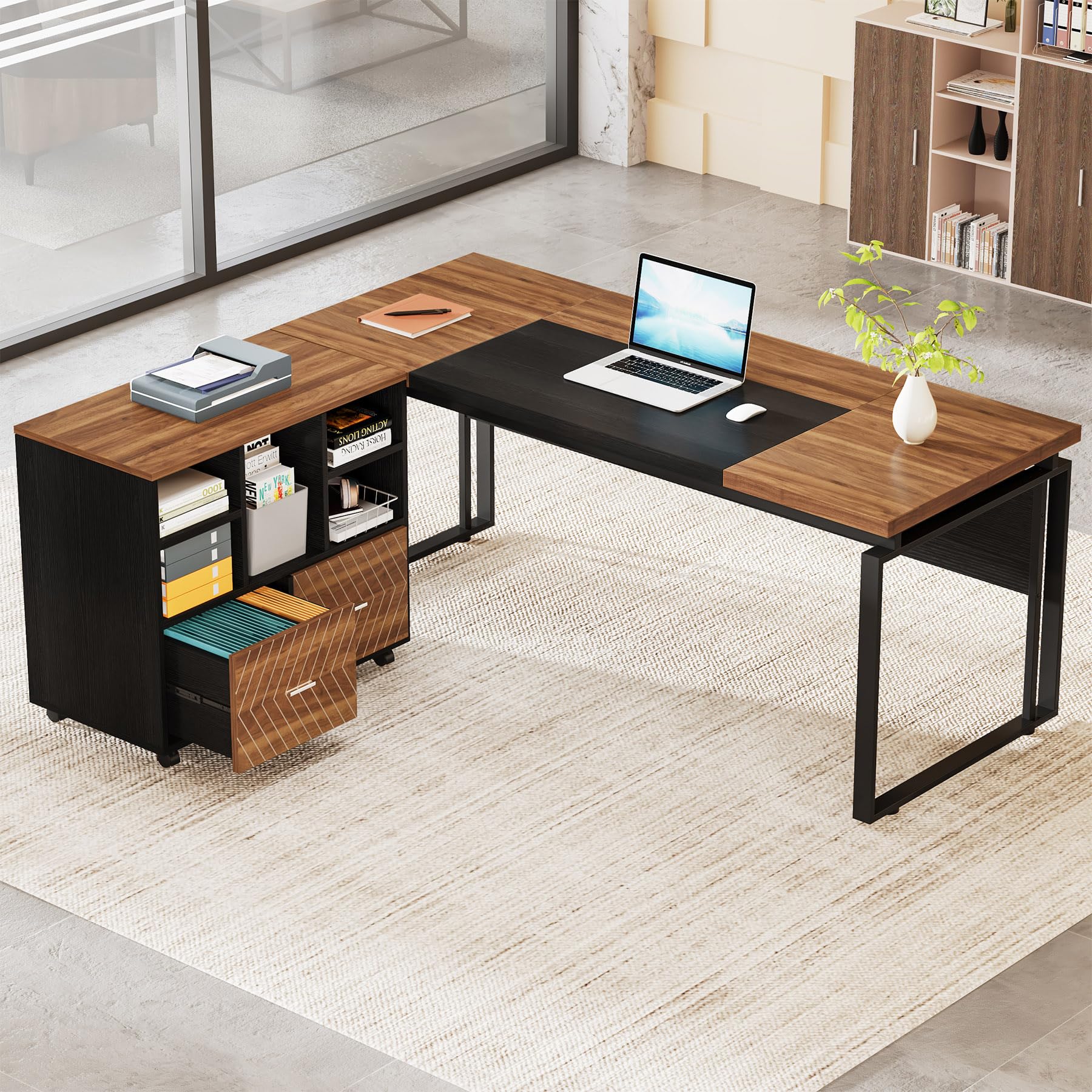 Tribesigns L-Shaped Executive Desk with Reversible File Cabinet, 63" Office Desk with Storage Drawers, L-Shaped Computer Desk with Drawer Cabinet for Hanging Letter Size Files (Gray & Black)