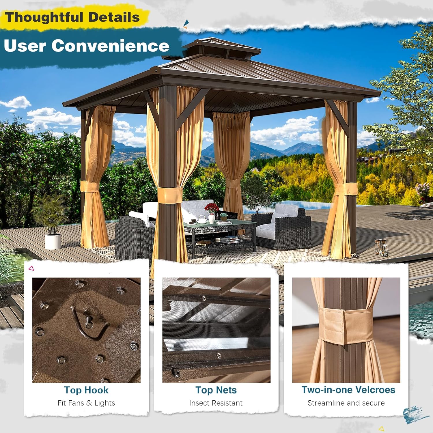 MELLCOM 10'x10' Hardtop Gazebo, Metal Double Roof Aluminum Gazebos with Curtain and Netting,Brown Permanent Galvanized Steel Pavilion for Patio, Lawn & Deck