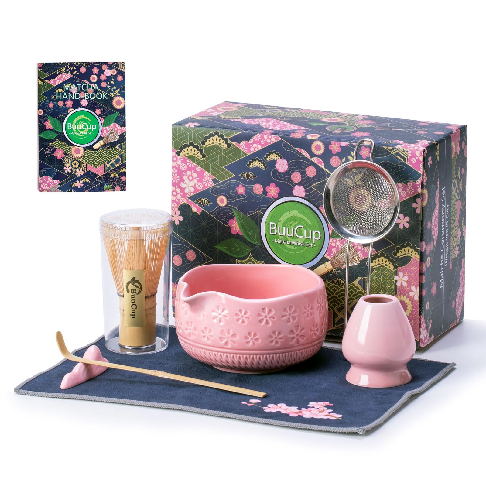 Buucup Matcha Whisk Set, Ceramic Matcha Kit Includes Matcha Bowl, Matcha Whisk and Holder, Bamboo Scoop, Scoop Rest, Sifter and Tea Towel - 7 Pcs Matcha Kit for Matcha Lovers (Blue)