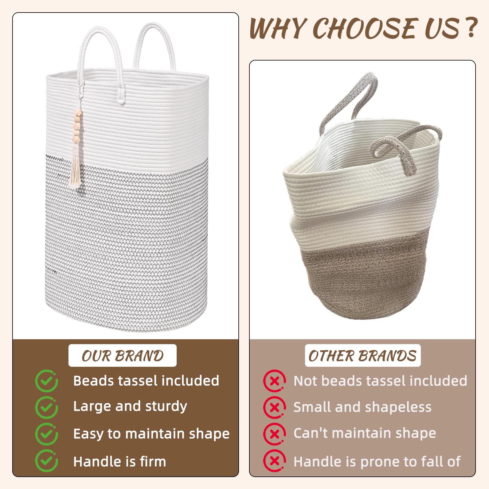 Woven Laundry Basket for Clothes, 50L Large Rectangle Laundry Hampers with Beads Tassel, Nursery Storage Basket for Toys, Tall Dirty Clothes Hamper for Bedroom Aesthetic, Laundry Room Organization