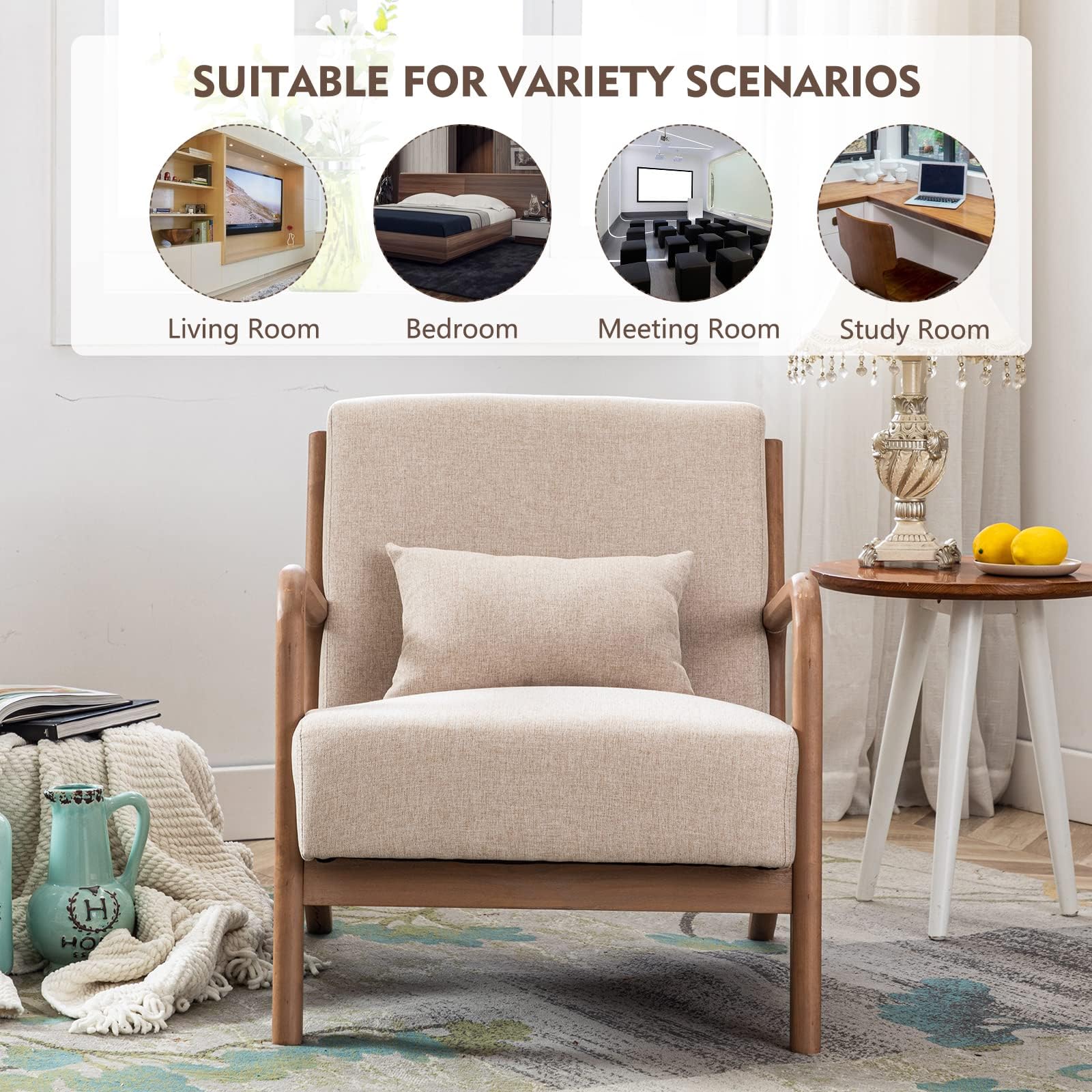 ANJ Mid Century Modern Accent Chair, Comfy Fabric Living Room Chairs with Solid Wood Frame, Lounge Reading Armchair, Easy Assembly, Beige