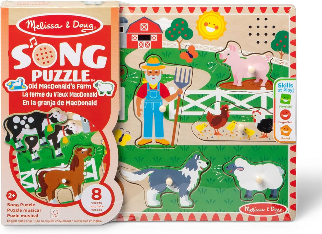 Melissa & Doug Old MacDonald's Farm Song Puzzle – 8-Piece Wooden Peg Puzzle with Light-Activated Sounds, Music Learning Toy for Toddlers and Preschoolers Ages 2+